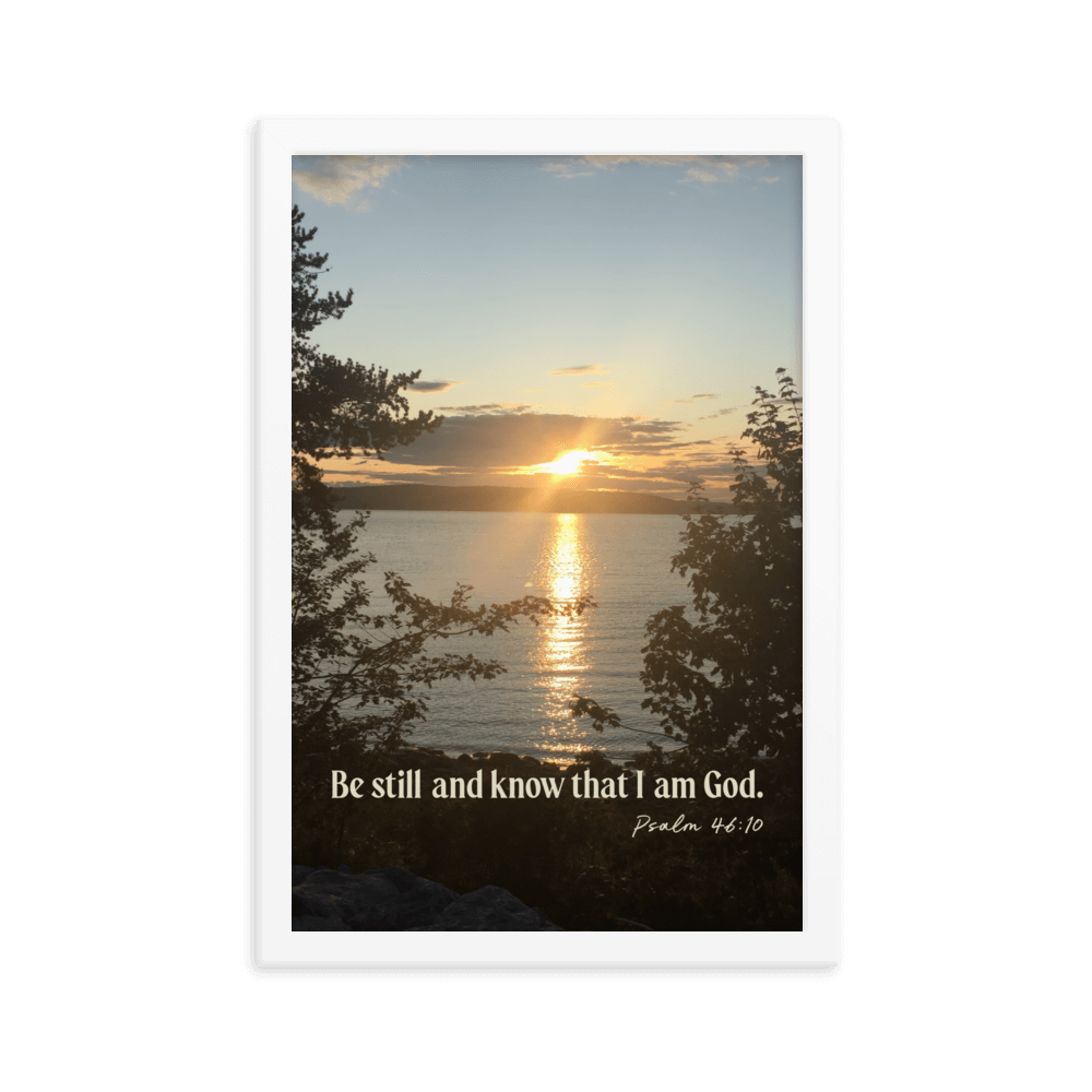 Psalm 46:10 Bible Verse, Sunset Glory Enhanced Matte Paper Framed Poster Wall Art White 12″×18″