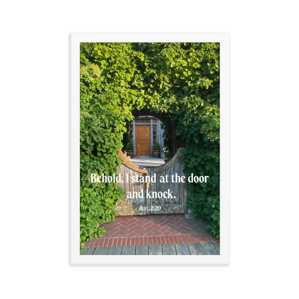 Revelation 3:20 Bible Verse, Garden Doorway Enhanced Matte Paper Framed Poster Wall Art White 12″×18″