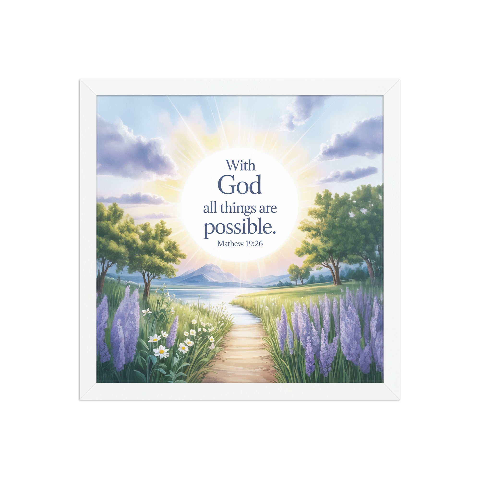 Matthew 19:26 Bible Verse Looking at Enhanced Matte Paper Framed Poster White 14″×14″