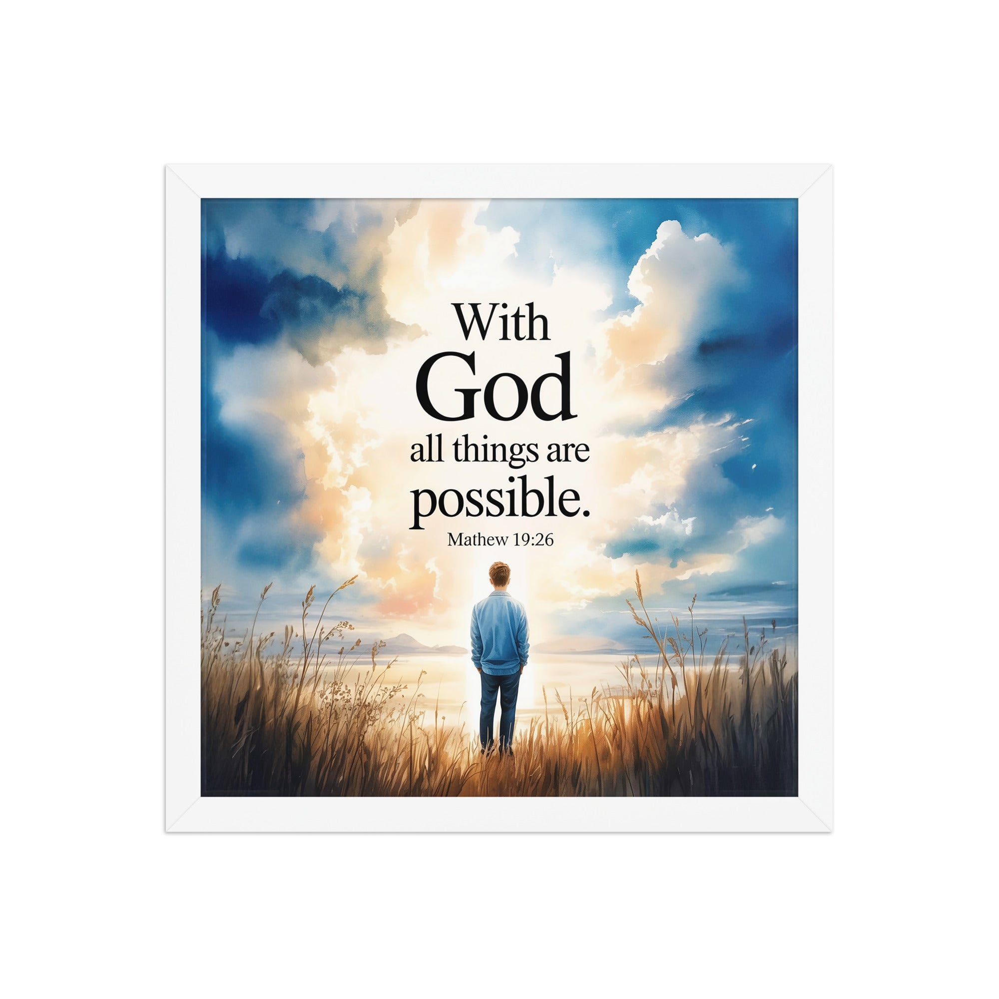 Matthew 19:26 Bible Verse Jesus Enhanced Matte Paper Framed Poster White 14″×14″