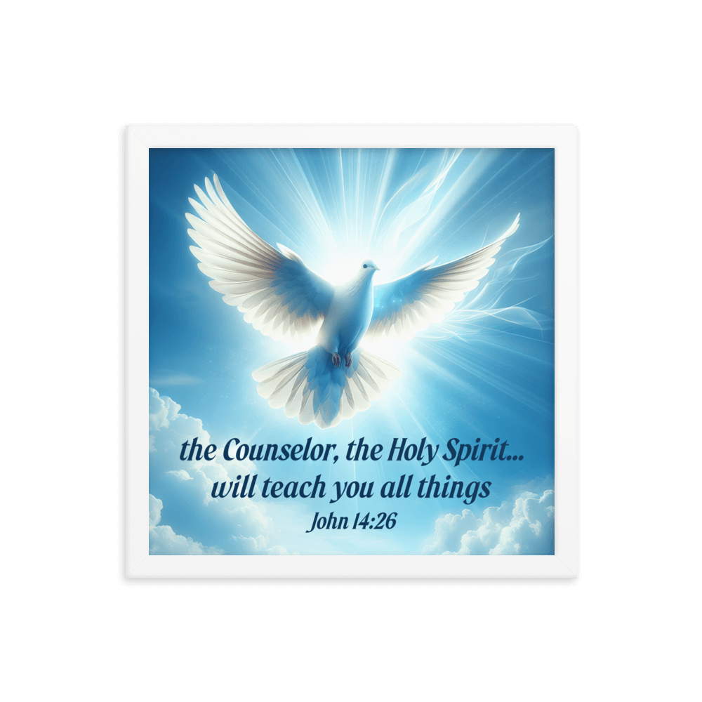 John 14:26 Bible Verse, Holy Spirit Dove Enhanced Matte Paper Framed Poster Wall Art White 14″×14″