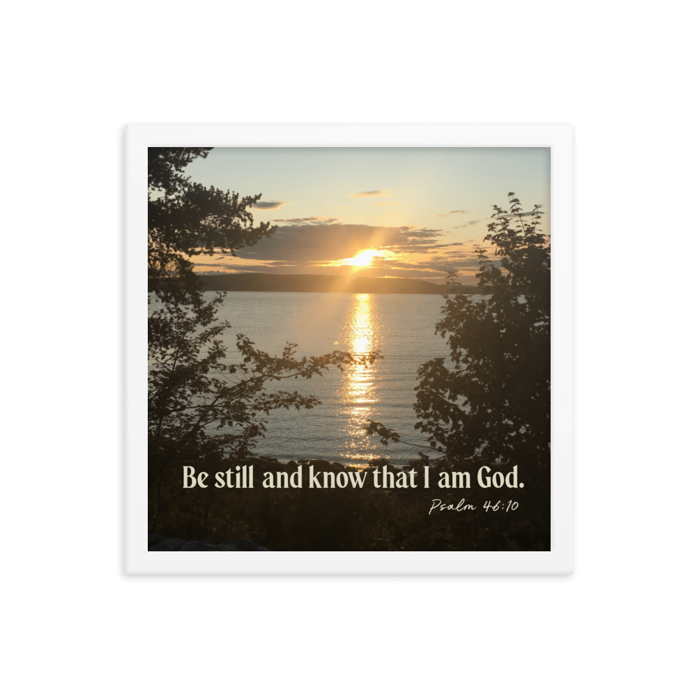Psalm 46:10 Bible Verse, Sunset Glory Enhanced Matte Paper Framed Poster Wall Art White 14″×14″