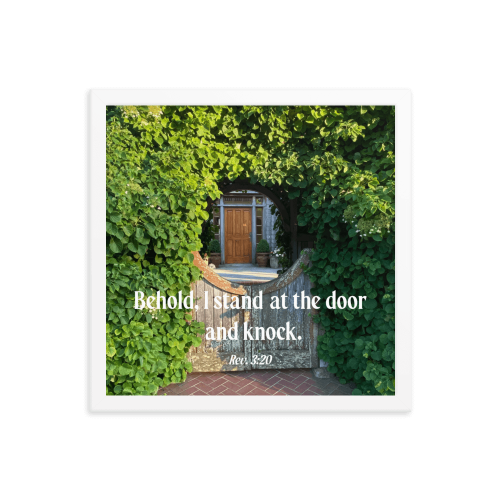 Revelation 3:20 Bible Verse, Garden Doorway Enhanced Matte Paper Framed Poster Wall Art White 14″×14″