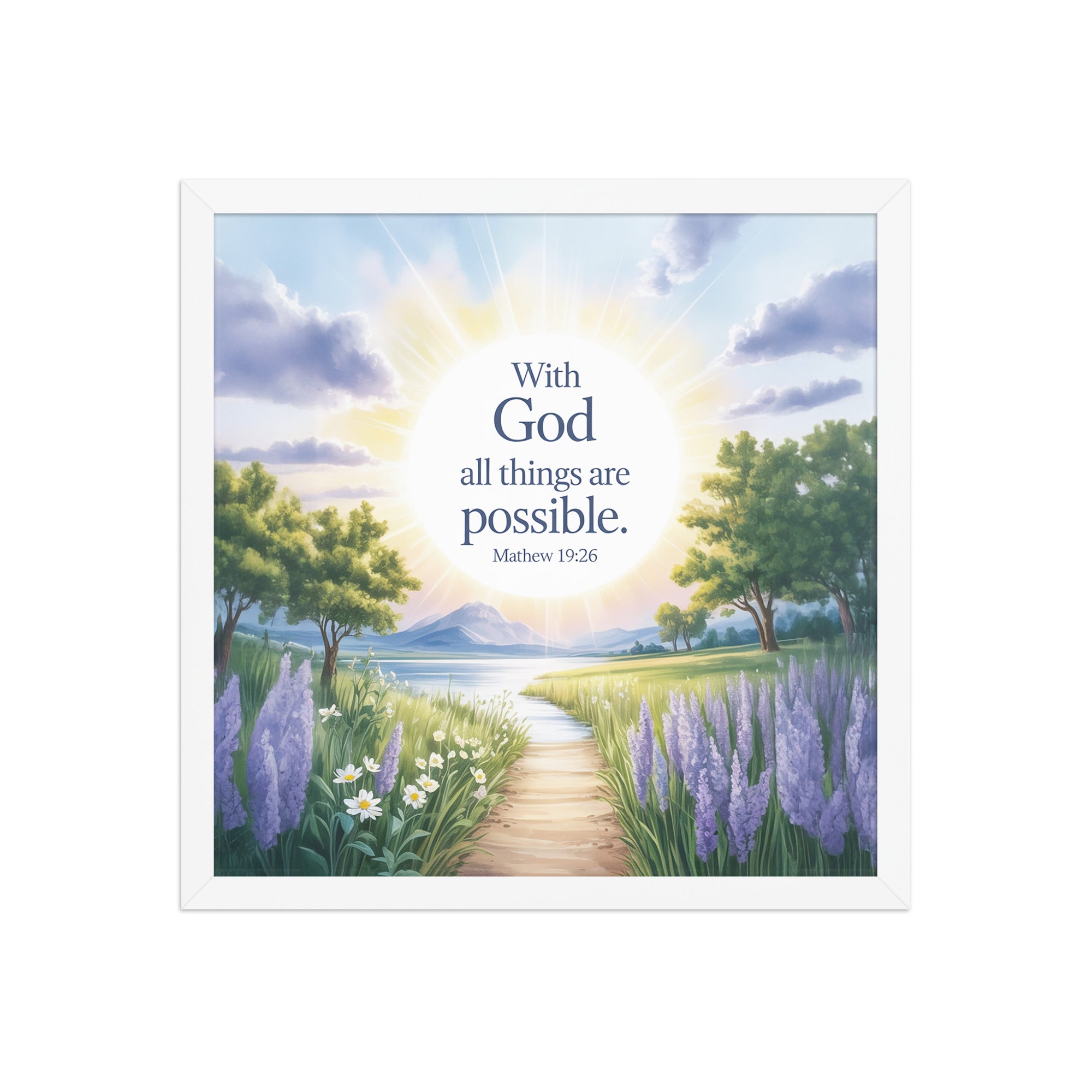 Matthew 19:26 Bible Verse Looking at Enhanced Matte Paper Framed Poster White 16″×16″