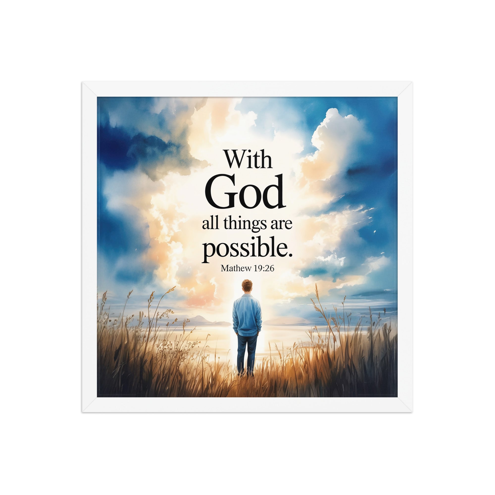Matthew 19:26 Bible Verse Jesus Enhanced Matte Paper Framed Poster White 16″×16″