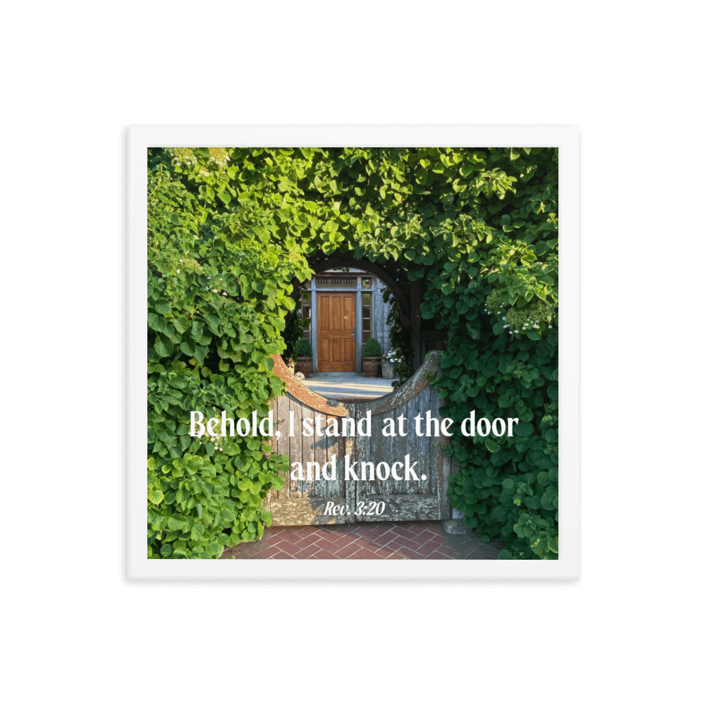 Revelation 3:20 Bible Verse, Garden Doorway Enhanced Matte Paper Framed Poster Wall Art White 16″×16″