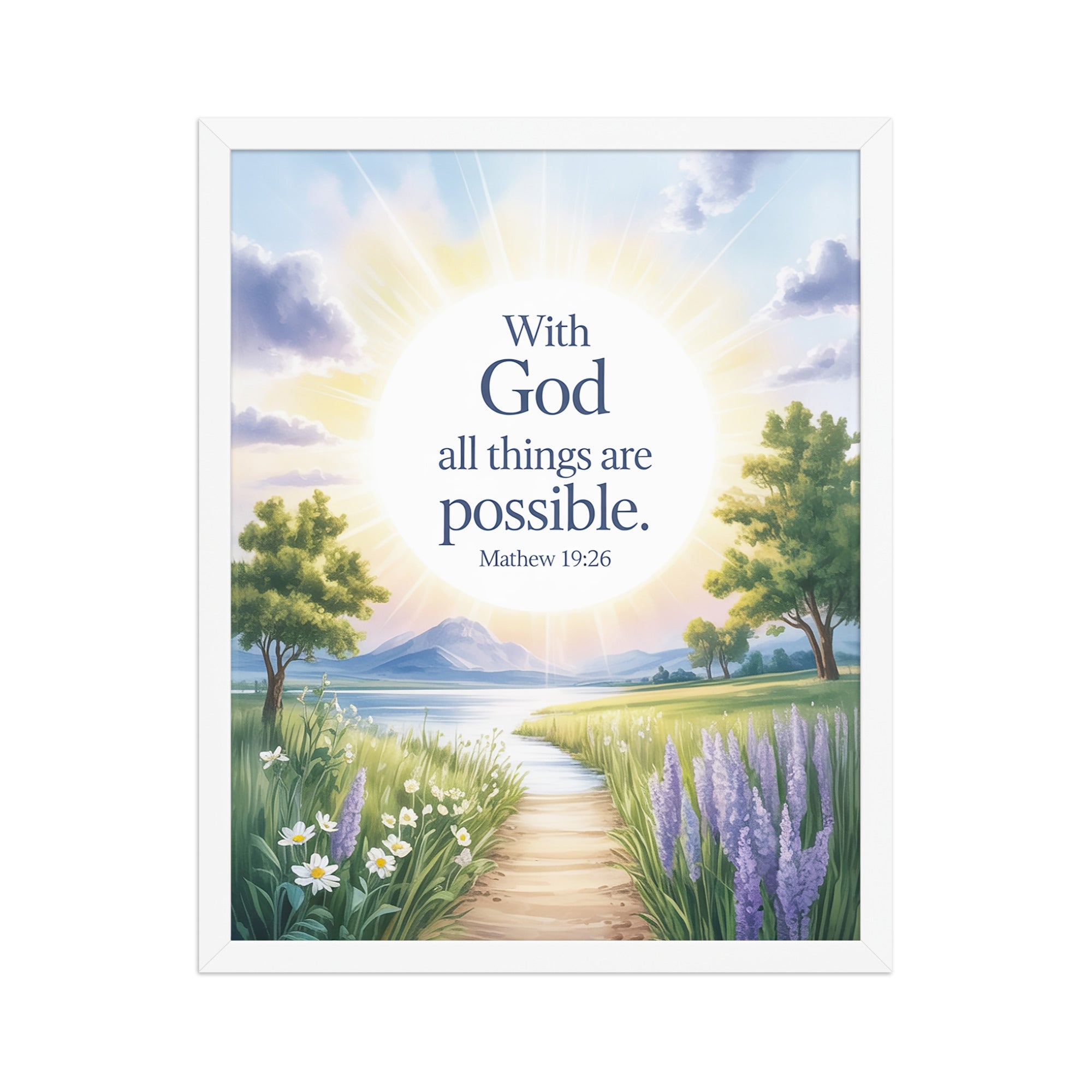 Matthew 19:26 Bible Verse Looking at Enhanced Matte Paper Framed Poster White 16″×20″