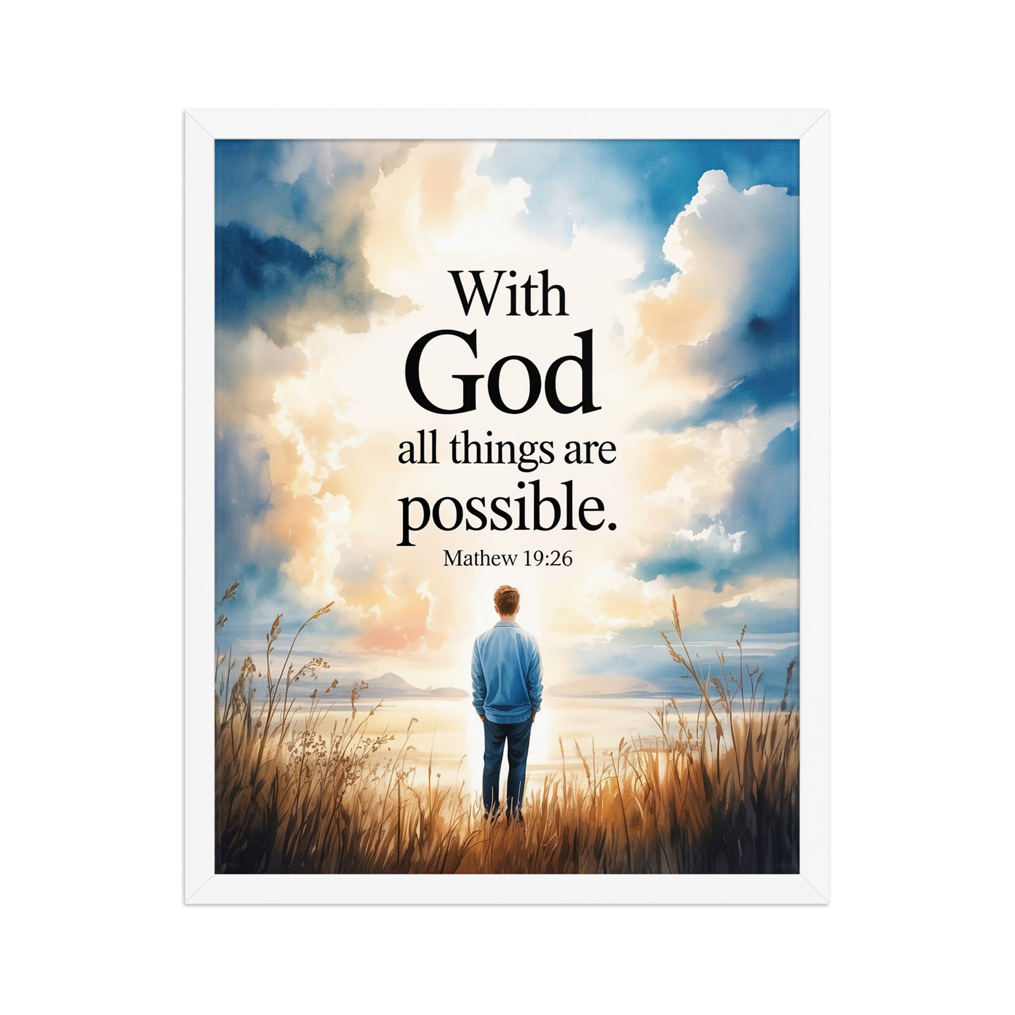 Matthew 19:26 Bible Verse Jesus Enhanced Matte Paper Framed Poster White 16″×20″