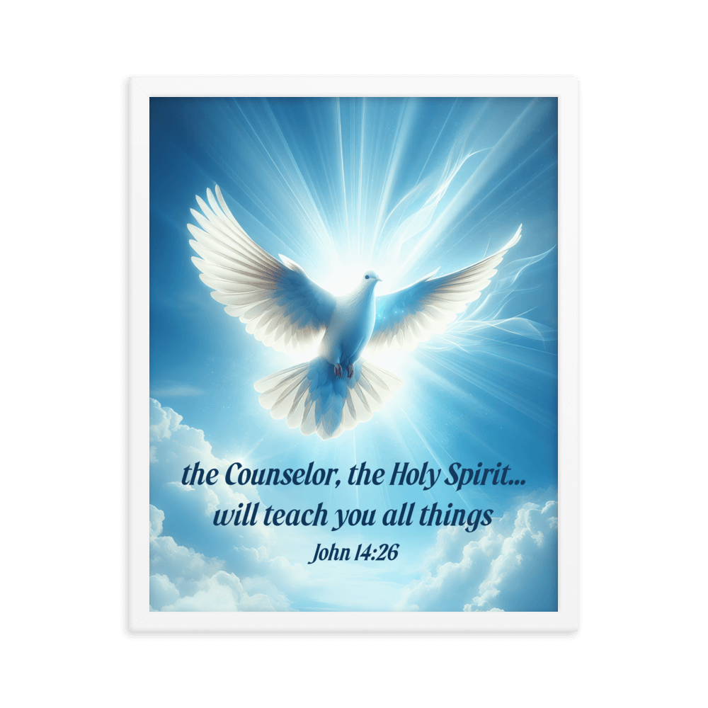 John 14:26 Bible Verse, Holy Spirit Dove Enhanced Matte Paper Framed Poster Wall Art White 16″×20″