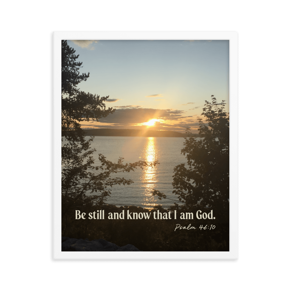 Psalm 46:10 Bible Verse, Sunset Glory Enhanced Matte Paper Framed Poster Wall Art White 16″×20″