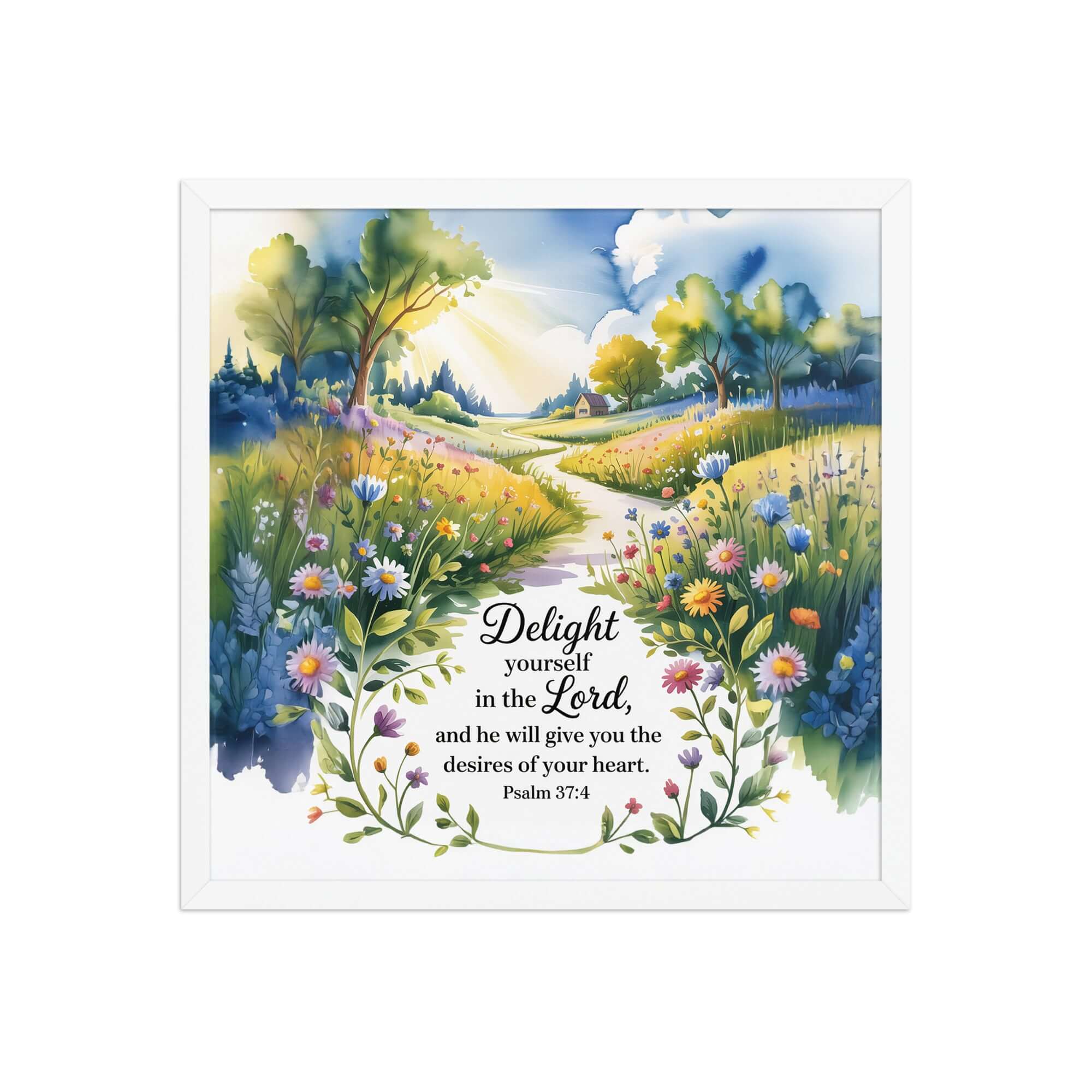 Psalm 37:4 Bible Verse, desires Enhanced Matte Paper Framed Poster White 18″×18″