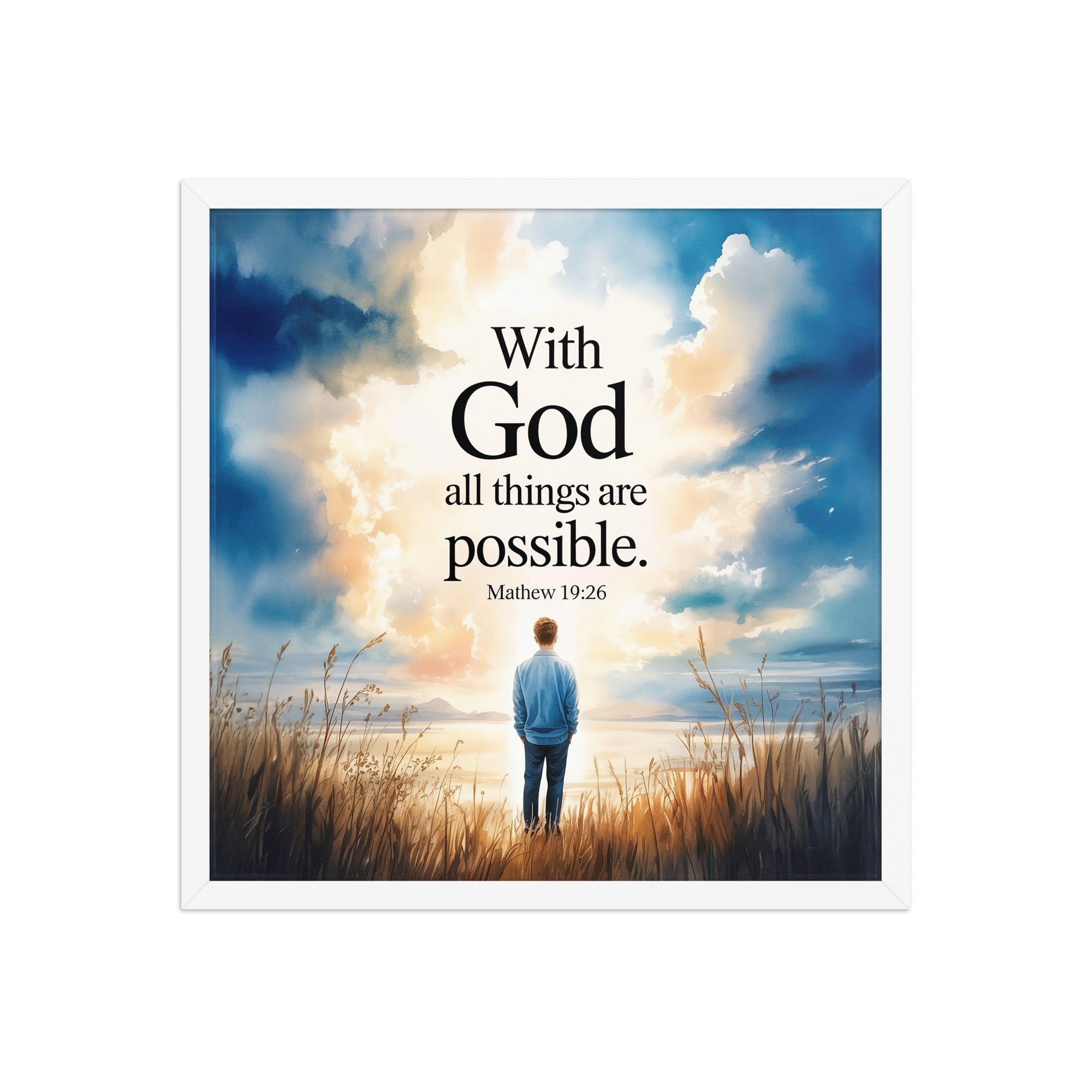 Matthew 19:26 Bible Verse Jesus Enhanced Matte Paper Framed Poster White 18″×18″