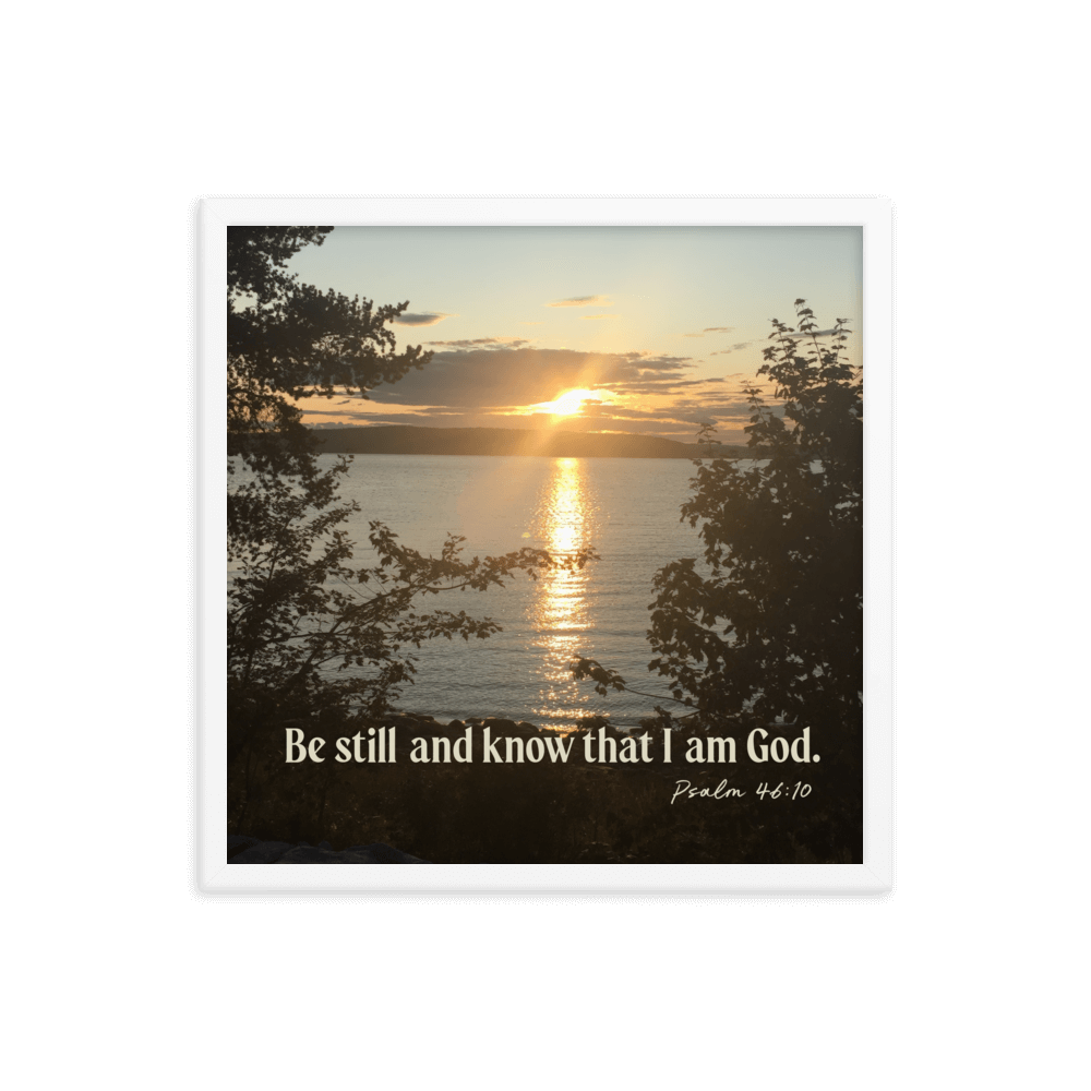 Psalm 46:10 Bible Verse, Sunset Glory Enhanced Matte Paper Framed Poster Wall Art White 18″×18″