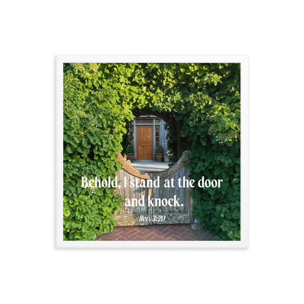 Revelation 3:20 Bible Verse, Garden Doorway Enhanced Matte Paper Framed Poster Wall Art White 18″×18″