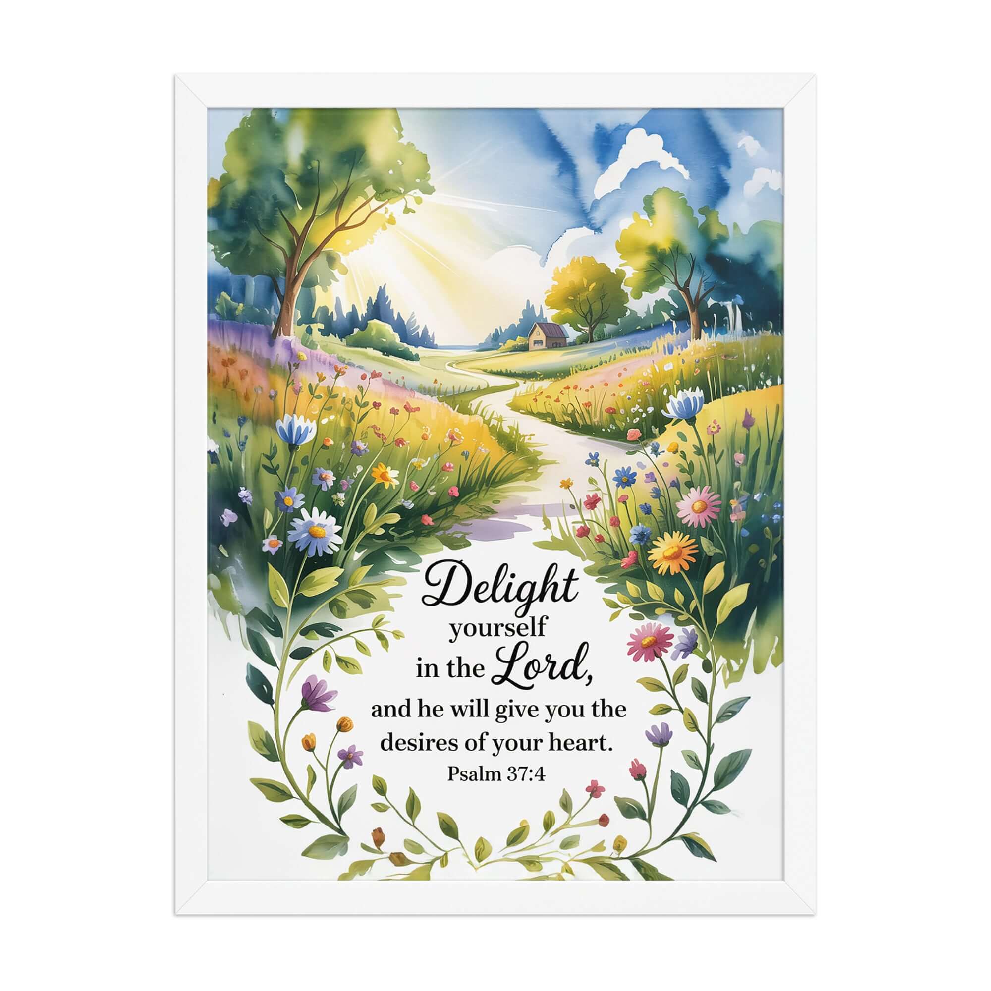 Psalm 37:4 Bible Verse, desires Enhanced Matte Paper Framed Poster White 18″×24″
