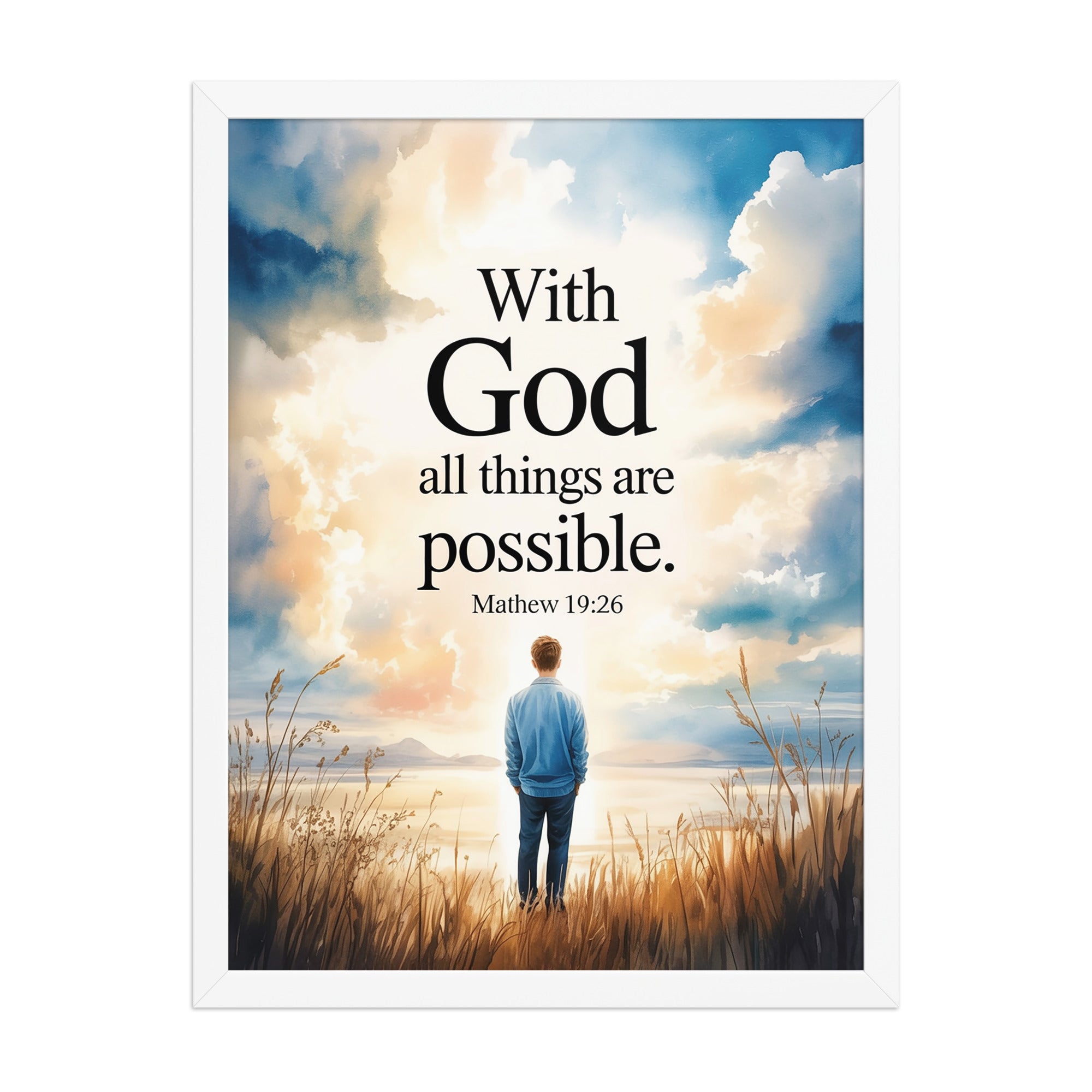 Matthew 19:26 Bible Verse Jesus Enhanced Matte Paper Framed Poster White 18″×24″