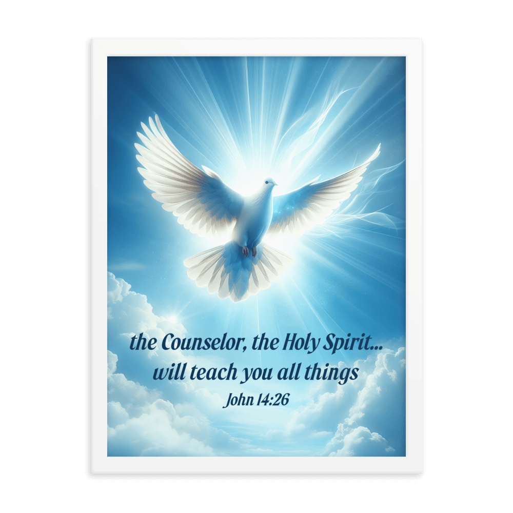 John 14:26 Bible Verse, Holy Spirit Dove Enhanced Matte Paper Framed Poster Wall Art White 18″×24″