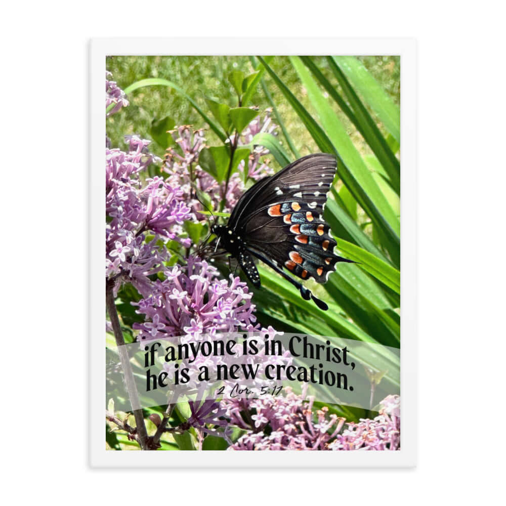 2 Corinthians 5:17 Bible Verse, Butterfly Enhanced Matte Paper Framed Poster Wall Art White 18″×24″