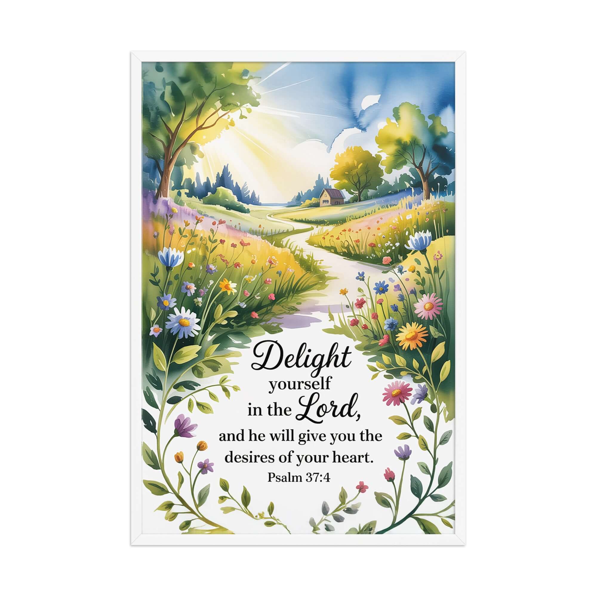 Psalm 37:4 Bible Verse, desires Enhanced Matte Paper Framed Poster White 24″×36″