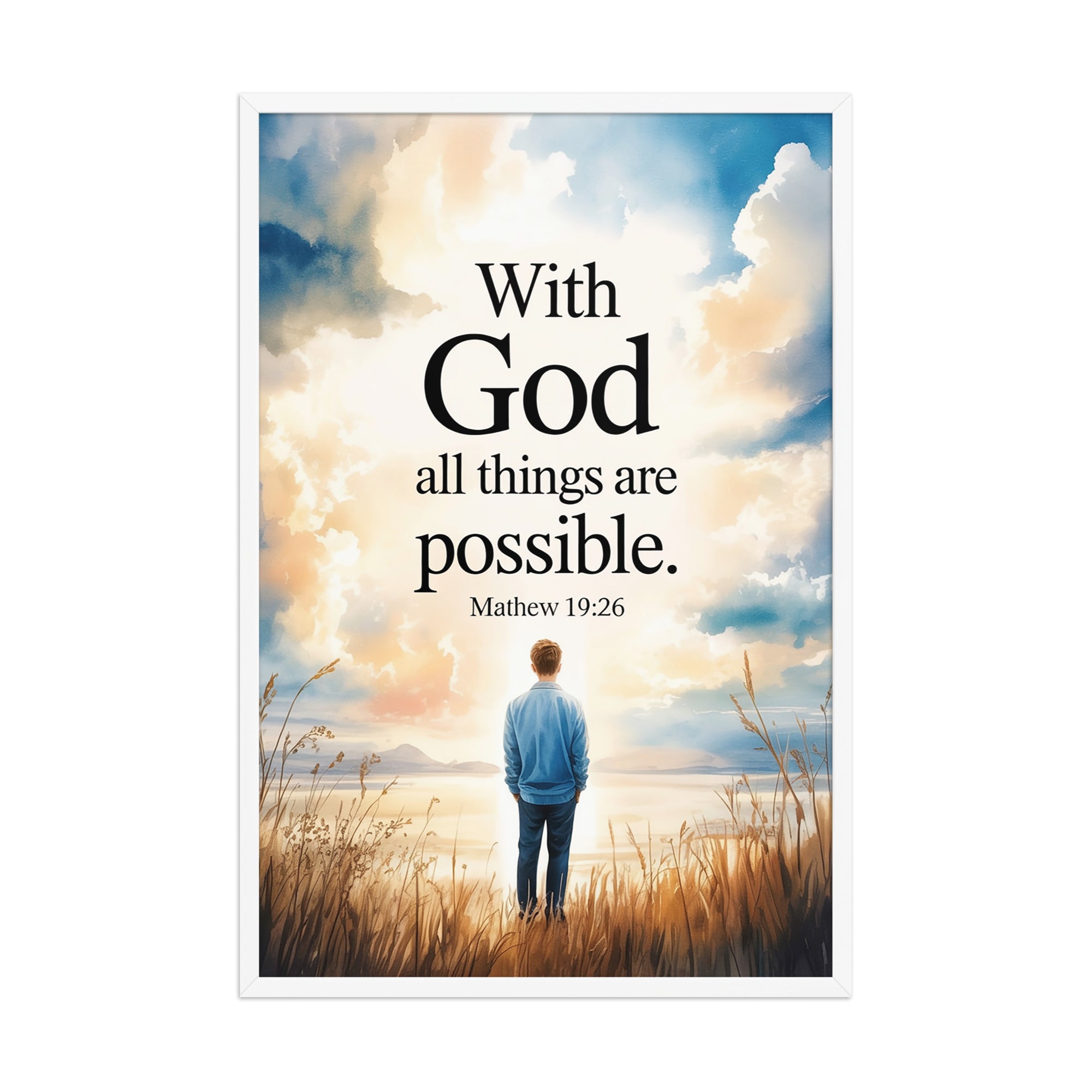 Matthew 19:26 Bible Verse Jesus Enhanced Matte Paper Framed Poster White 24″×36″