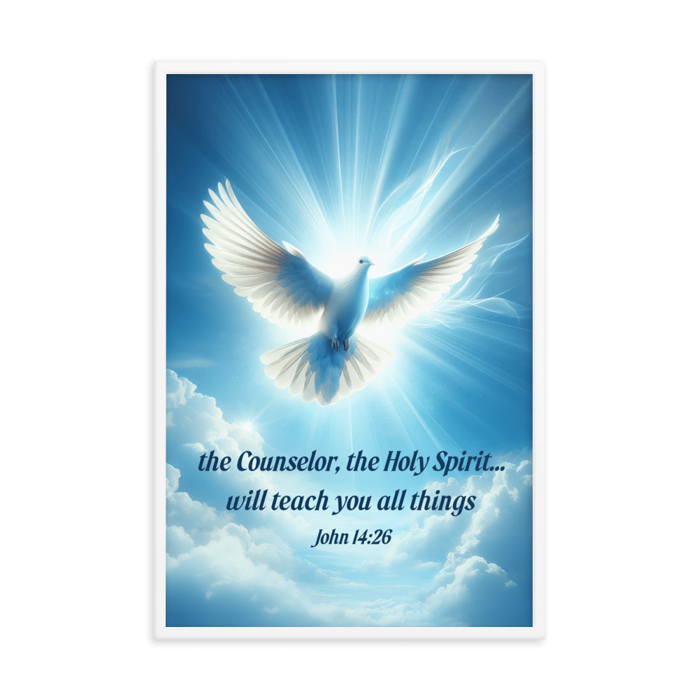 John 14:26 Bible Verse, Holy Spirit Dove Enhanced Matte Paper Framed Poster Wall Art White 24″×36″