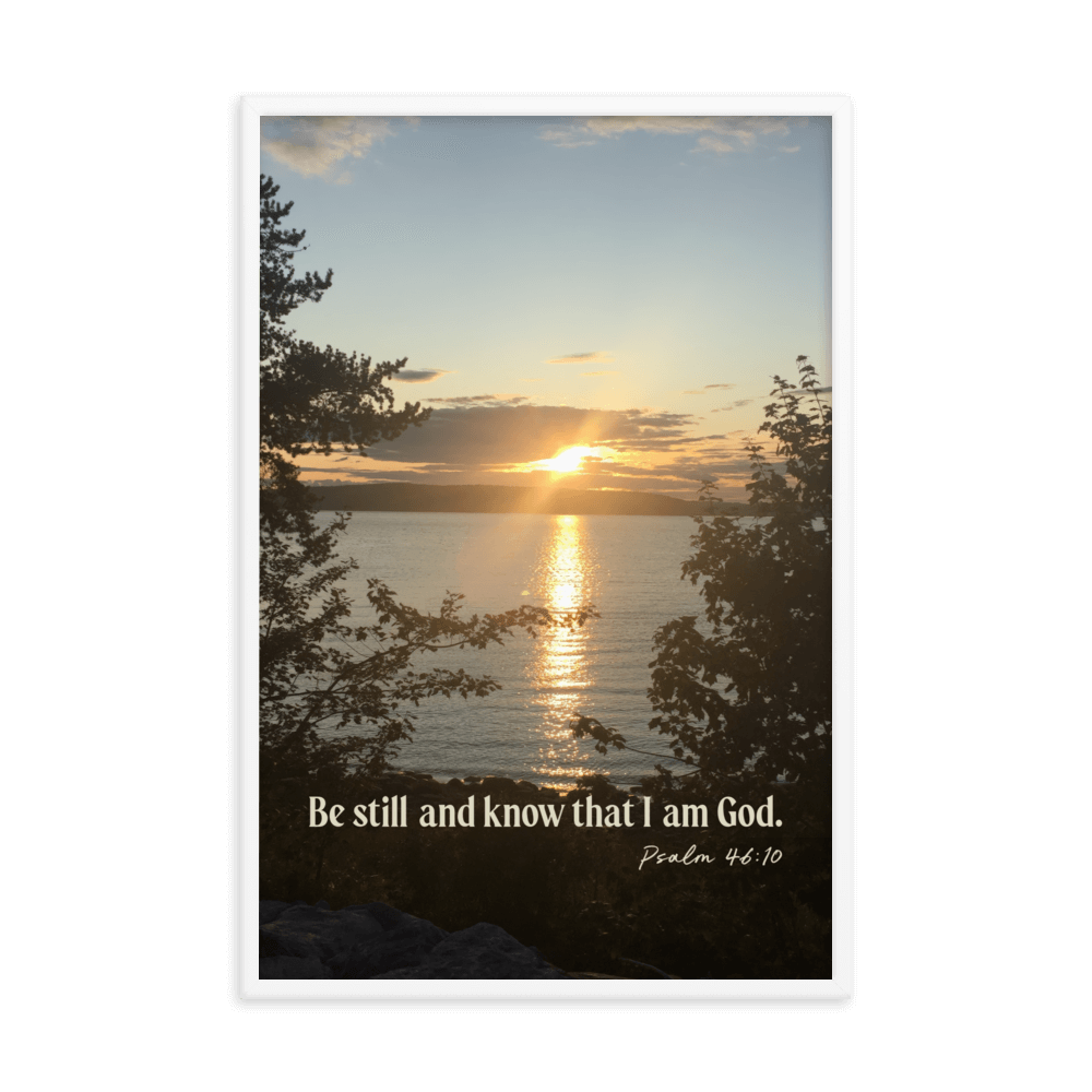 Psalm 46:10 Bible Verse, Sunset Glory Enhanced Matte Paper Framed Poster Wall Art White 24″×36″