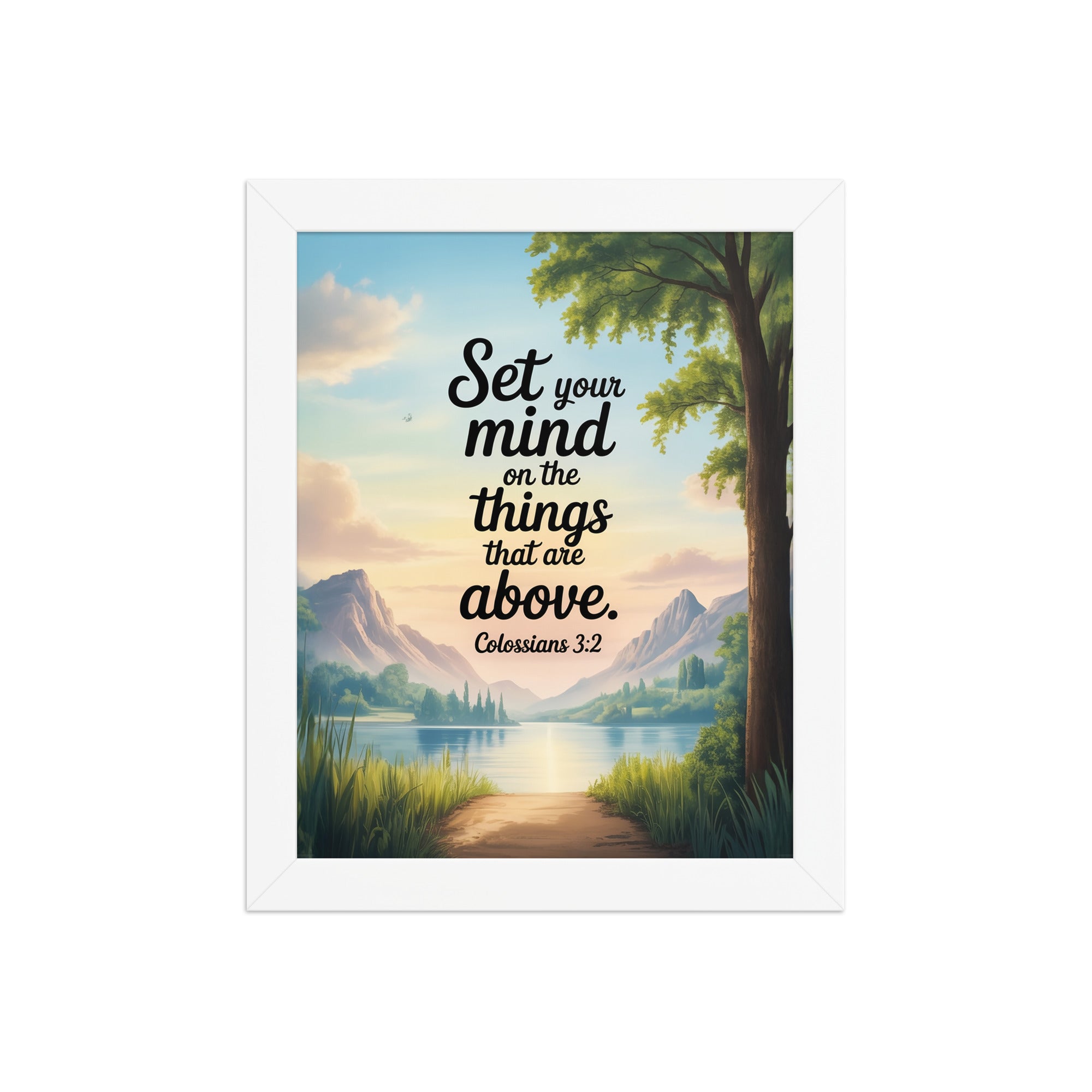 Colossians 3:2 Bible Verse Set Enhanced Matte Paper Framed Poster White 8″×10″