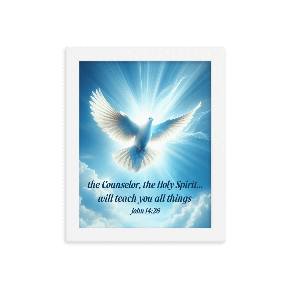John 14:26 Bible Verse, Holy Spirit Dove Enhanced Matte Paper Framed Poster Wall Art White 8″×10″