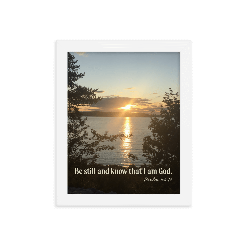 Psalm 46:10 Bible Verse, Sunset Glory Enhanced Matte Paper Framed Poster Wall Art White 8″×10″