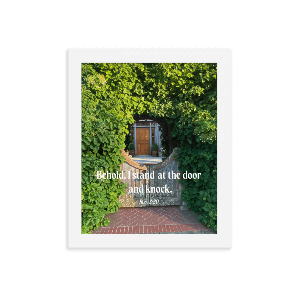 Revelation 3:20 Bible Verse, Garden Doorway Enhanced Matte Paper Framed Poster Wall Art White 8″×10″