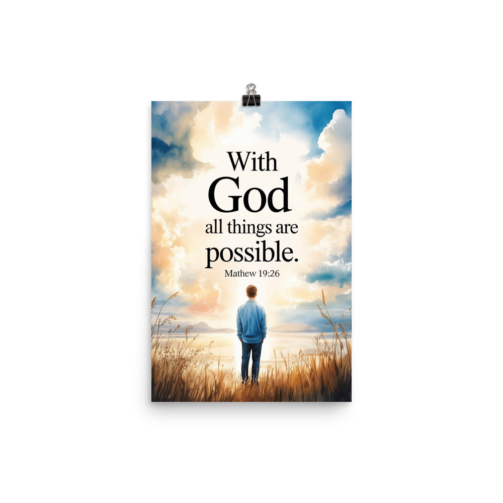 Matthew 19:26 Bible Verse Jesus Enhanced Matte Paper Poster 12″×18″