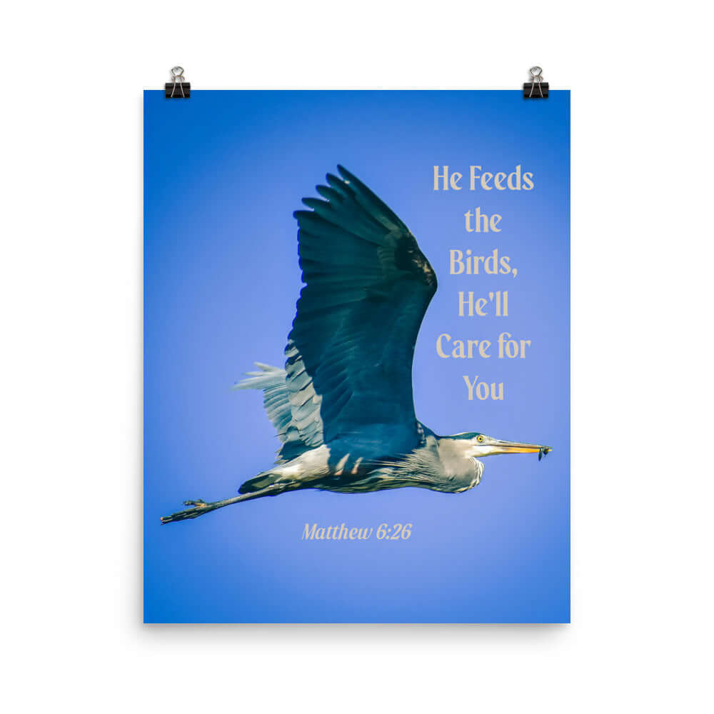 Matthew 6:26 Graceful Heron, He'll Care for You Enhanced Matte Paper Poster Wall Art 16″×20″