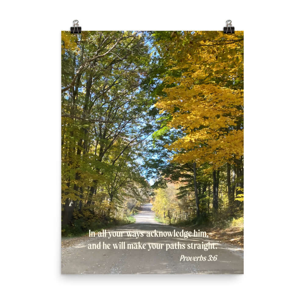 Proverbs 3:6 Bible Verse, Fall Road Enhanced Matte Paper Poster Wall Art 18″×24″
