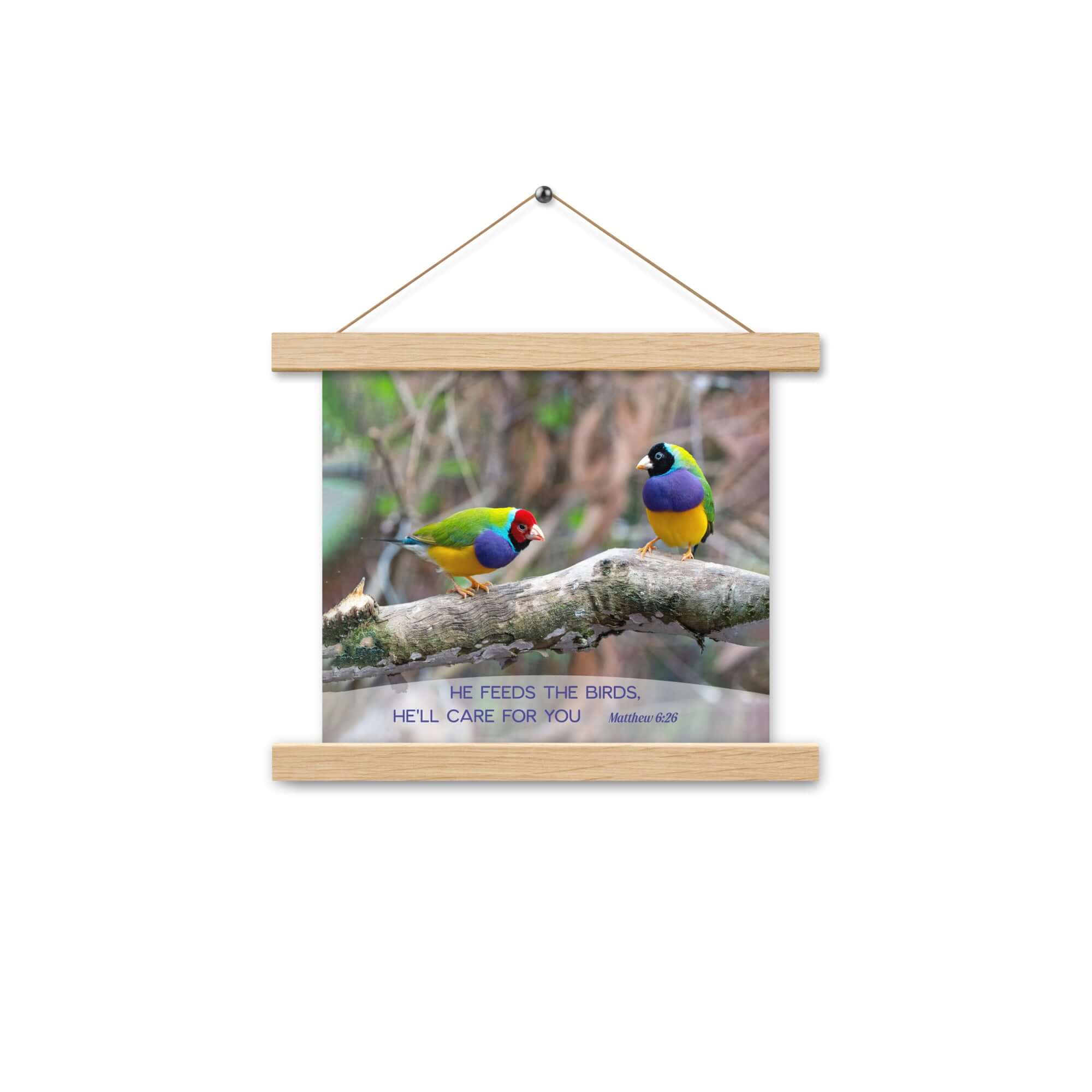 Matthew 6:26 Gouldian Finches, He'll Care for You Enhanced Matte Paper Poster With Hanger Wall Art Oak 10″×10″