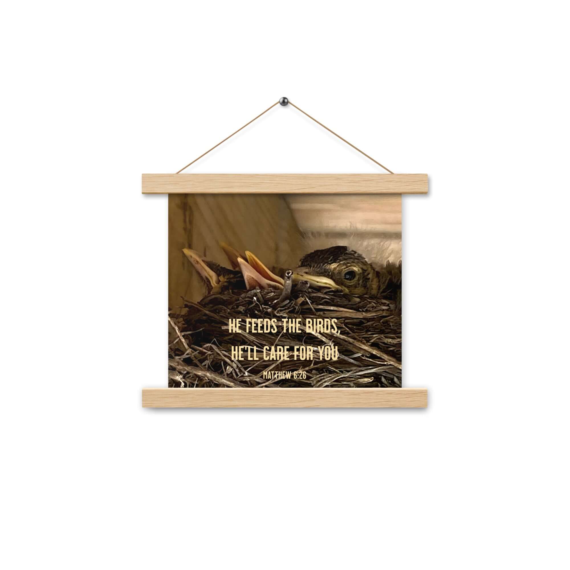 Matthew 6:26 Baby Robins, He'll Care for You Enhanced Matte Paper Poster With Hanger Wall Art Oak 10″×10″