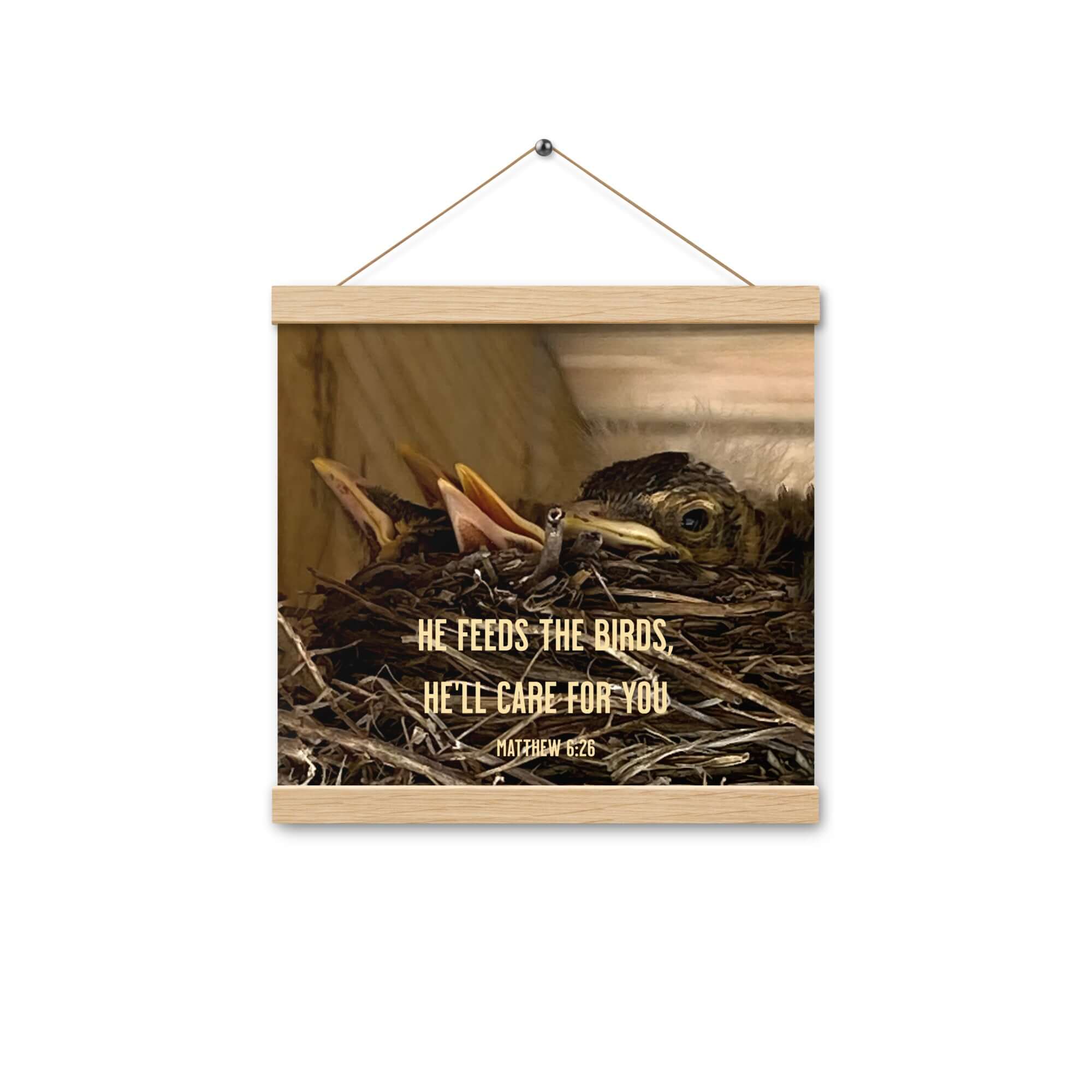Matthew 6:26 Baby Robins, He'll Care for You Enhanced Matte Paper Poster With Hanger Wall Art Oak 12″×12″