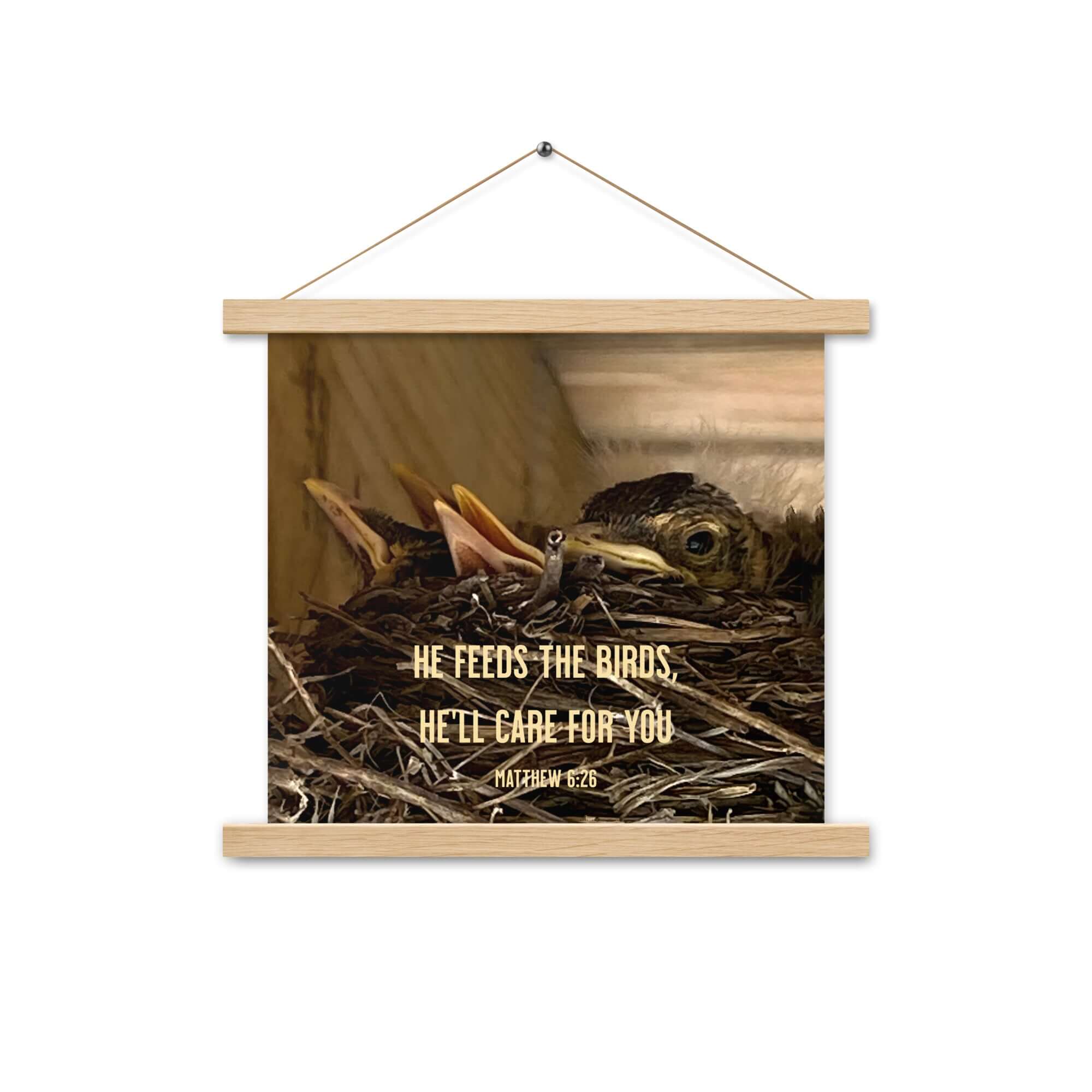 Matthew 6:26 Baby Robins, He'll Care for You Enhanced Matte Paper Poster With Hanger Wall Art Oak 14″×14″