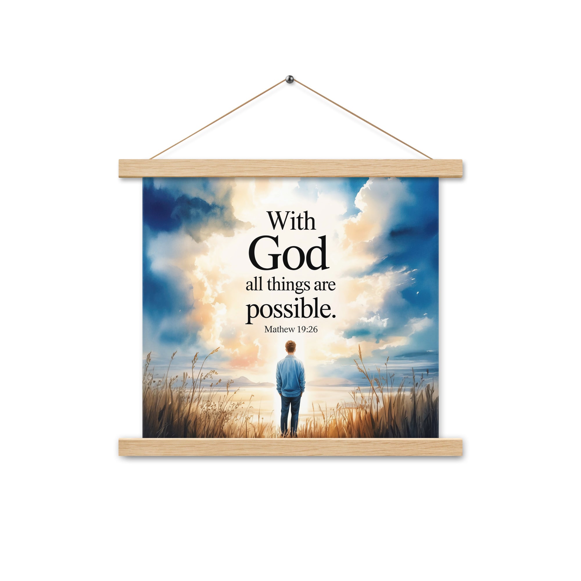Matthew 19:26 Bible Verse Jesus Enhanced Matte Paper Poster With Hanger Oak 14″×14″