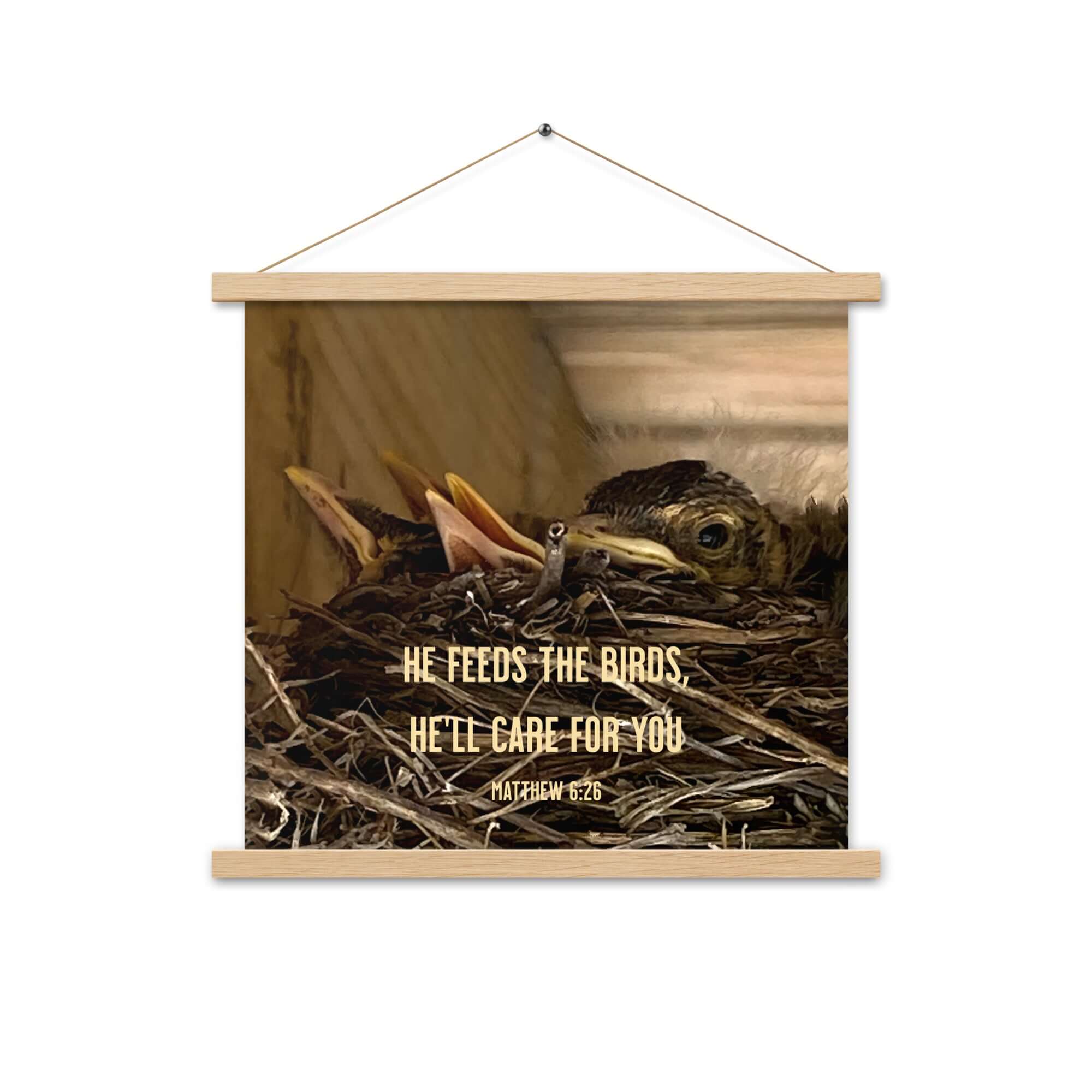 Matthew 6:26 Baby Robins, He'll Care for You Enhanced Matte Paper Poster With Hanger Wall Art Oak 18″×18″