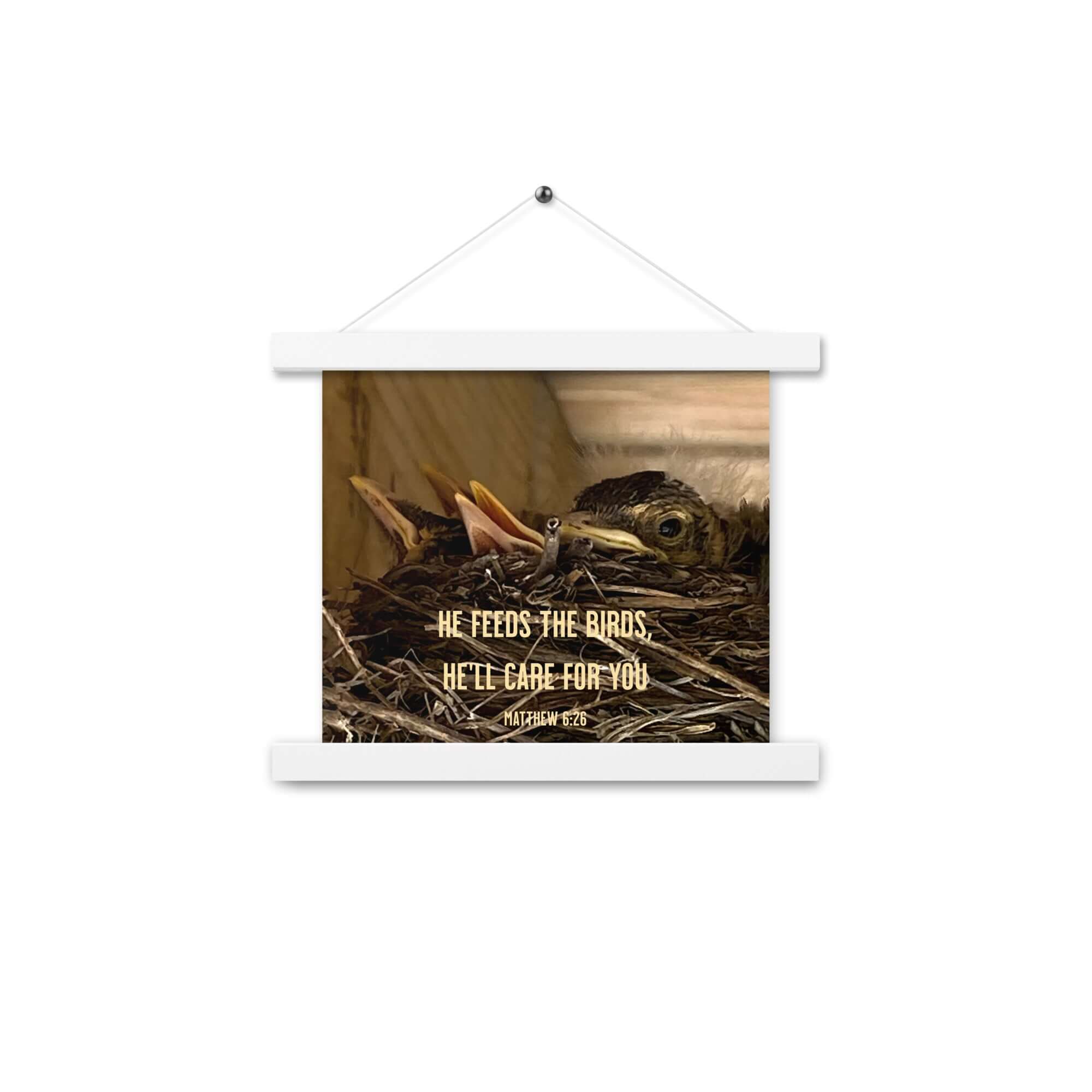 Matthew 6:26 Baby Robins, He'll Care for You Enhanced Matte Paper Poster With Hanger Wall Art White 10″×10″