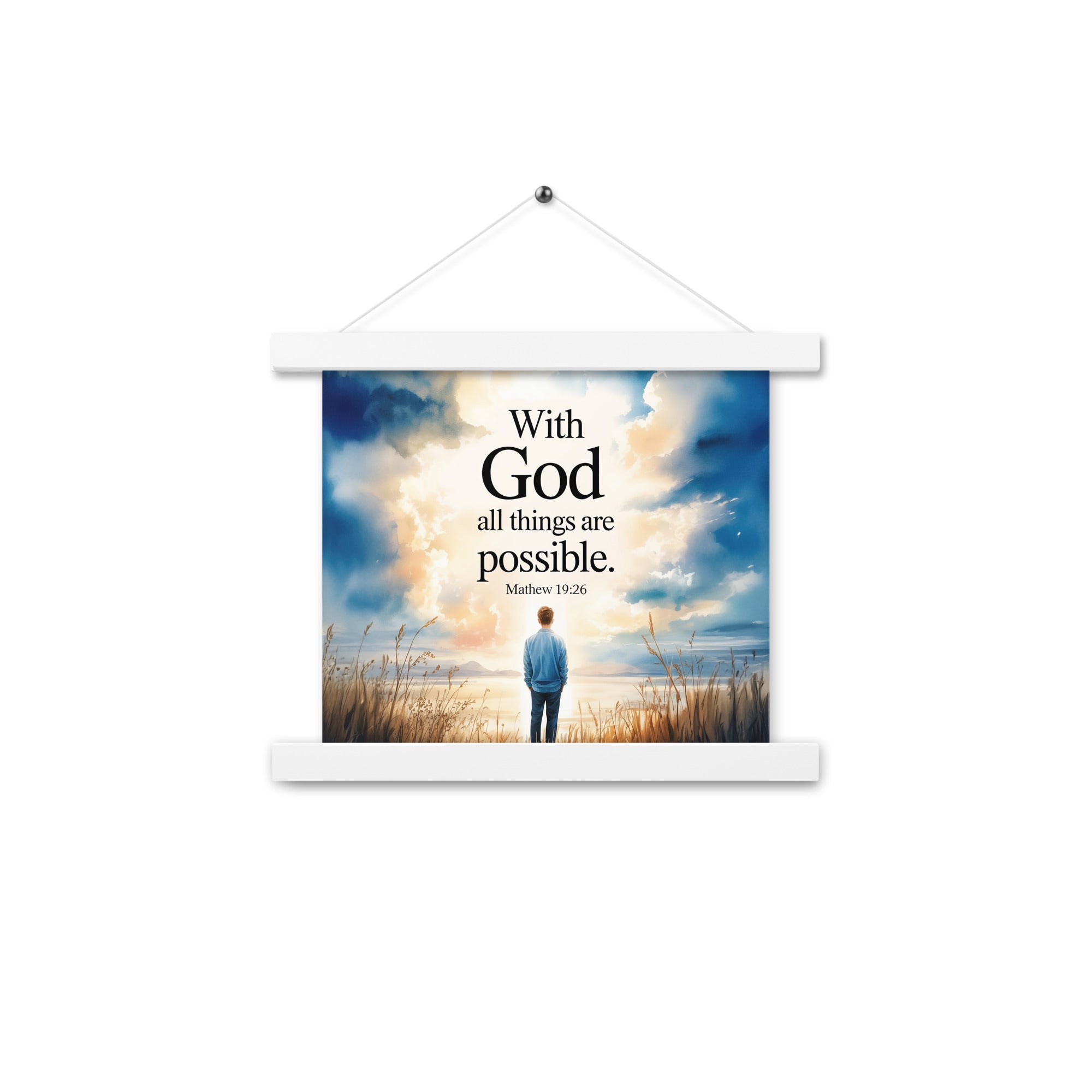 Matthew 19:26 Bible Verse Jesus Enhanced Matte Paper Poster With Hanger White 10″×10″