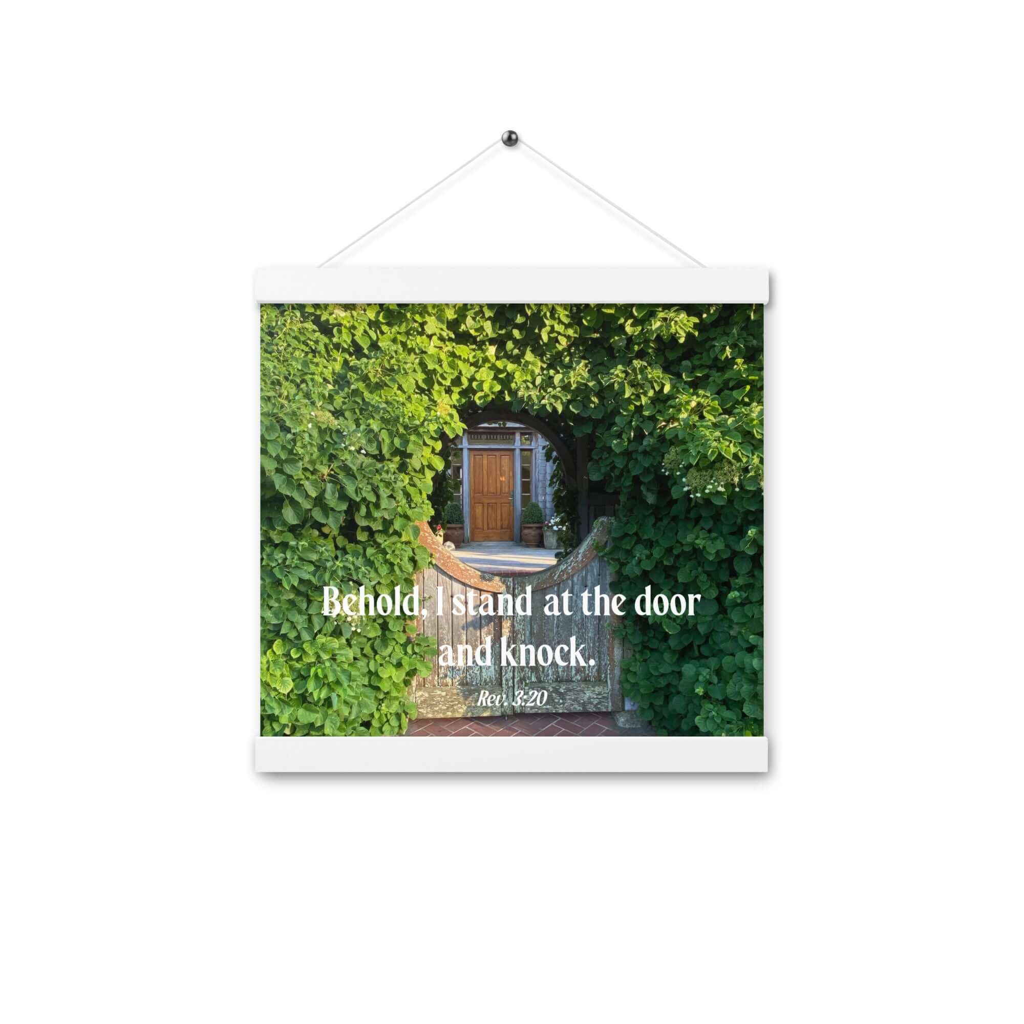 Revelation 3:20 Bible Verse, Garden Doorway Enhanced Matte Paper Poster With Hanger Wall Art White 12″×12″