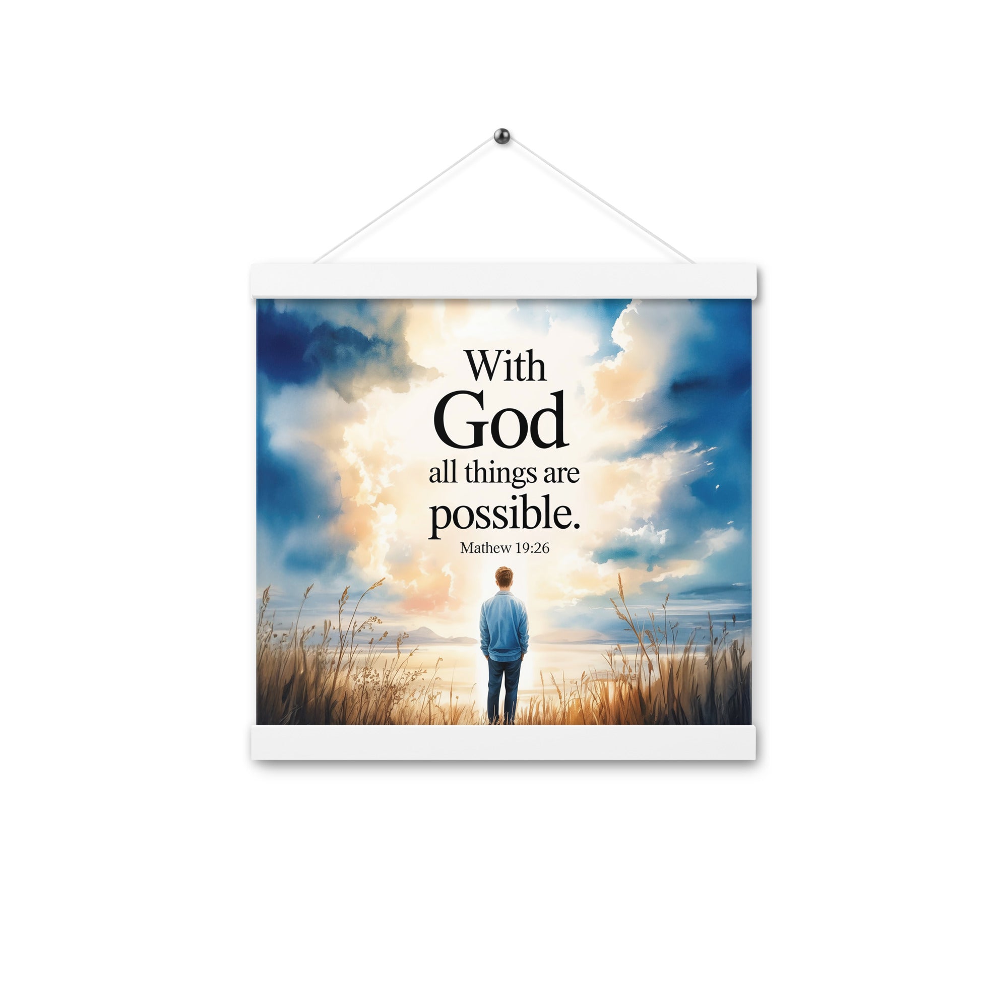 Matthew 19:26 Bible Verse Jesus Enhanced Matte Paper Poster With Hanger White 12″×12″