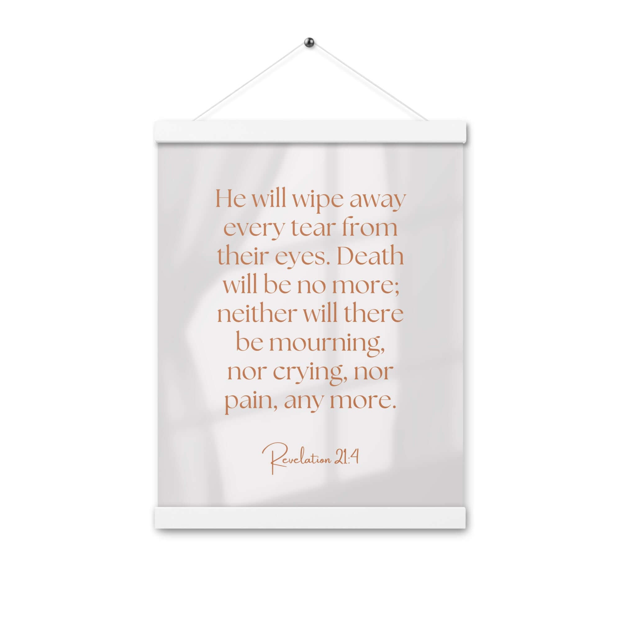 Revelation 21:4 Bible Verse, He will wipe Enhanced Matte Paper Poster With Hanger Wall Art White 12″×16″