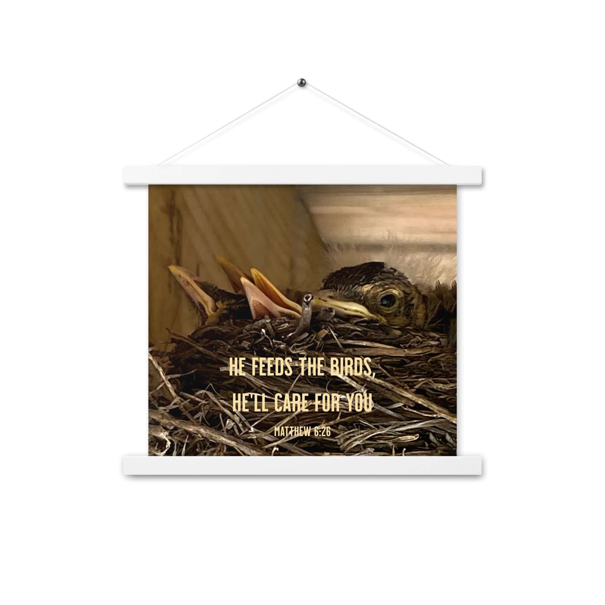 Matthew 6:26 Baby Robins, He'll Care for You Enhanced Matte Paper Poster With Hanger Wall Art White 14″×14″