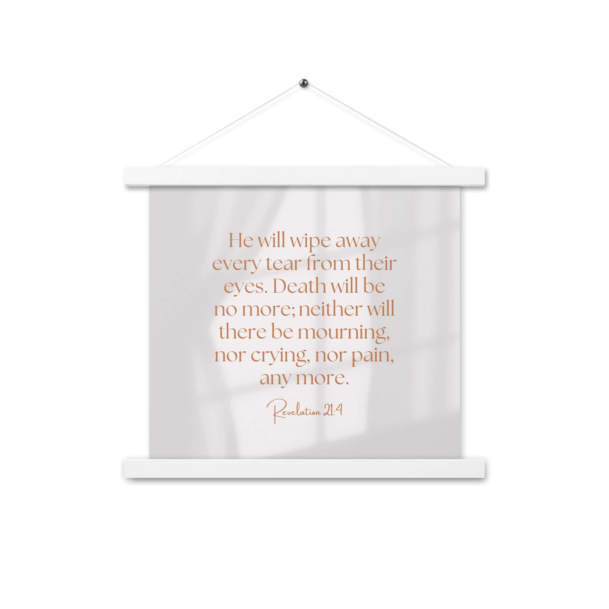 Revelation 21:4 Bible Verse, He will wipe Enhanced Matte Paper Poster With Hanger Wall Art White 14″×14″