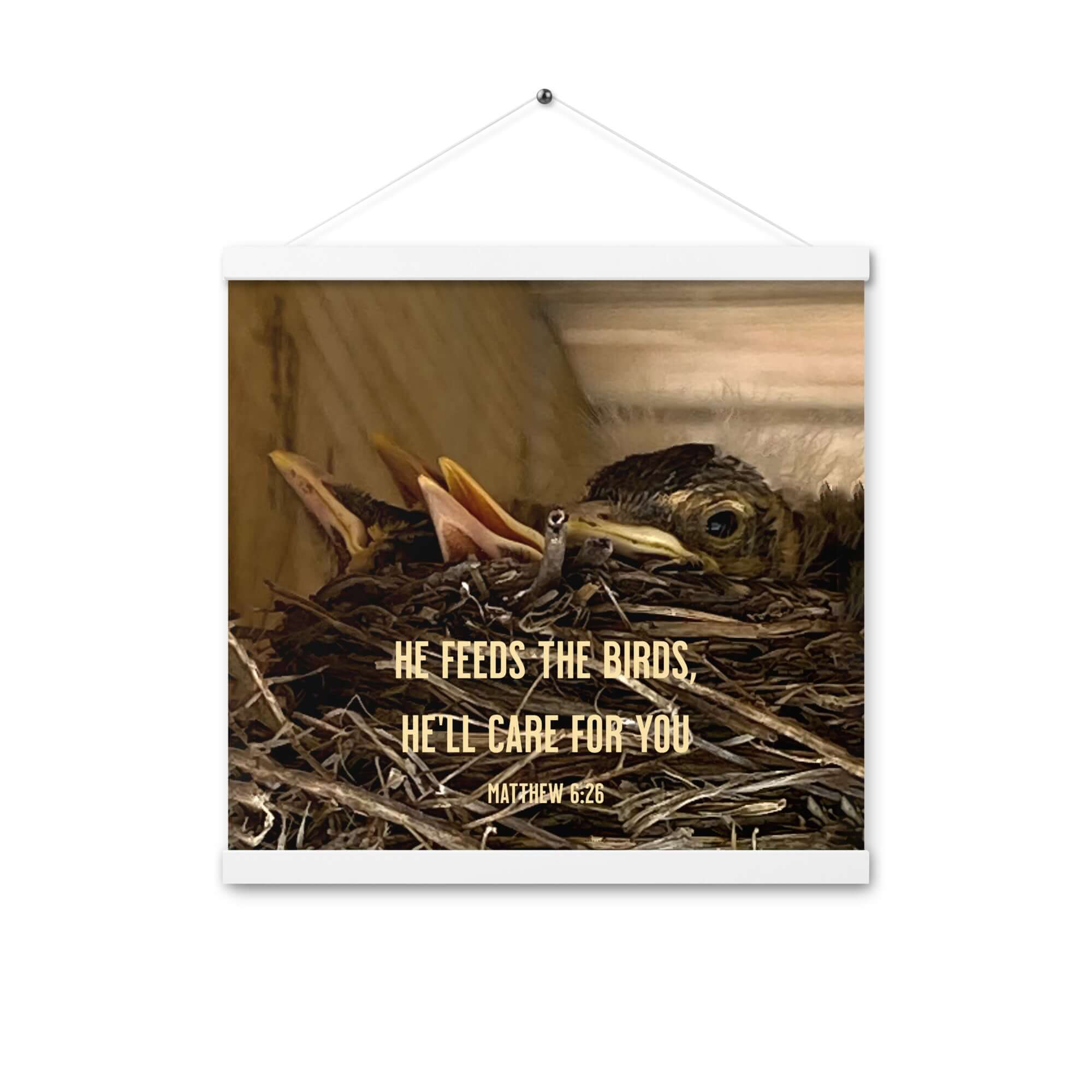 Matthew 6:26 Baby Robins, He'll Care for You Enhanced Matte Paper Poster With Hanger Wall Art White 16″×16″