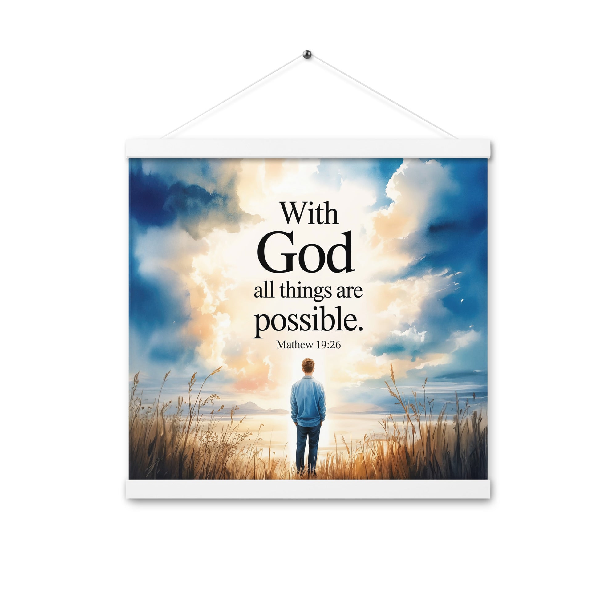 Matthew 19:26 Bible Verse Jesus Enhanced Matte Paper Poster With Hanger White 16″×16″