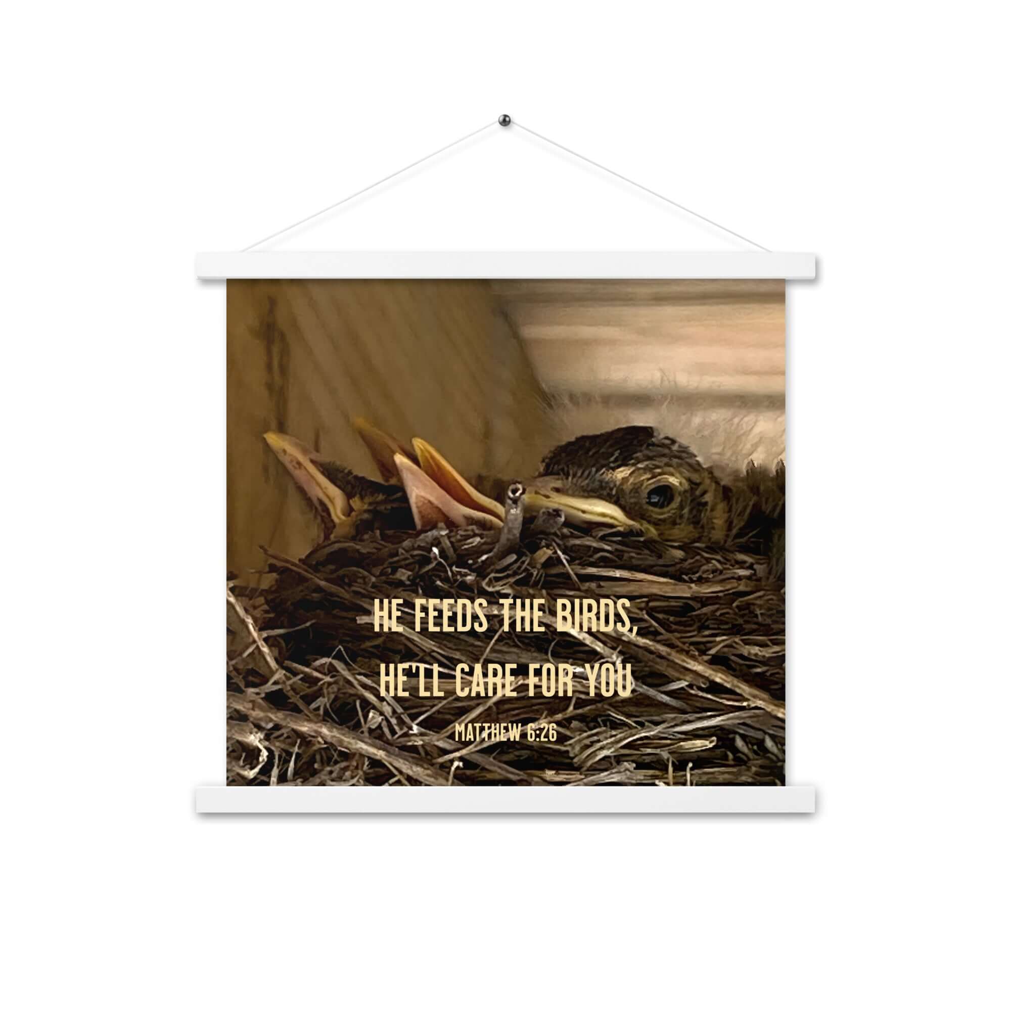 Matthew 6:26 Baby Robins, He'll Care for You Enhanced Matte Paper Poster With Hanger Wall Art White 18″×18″