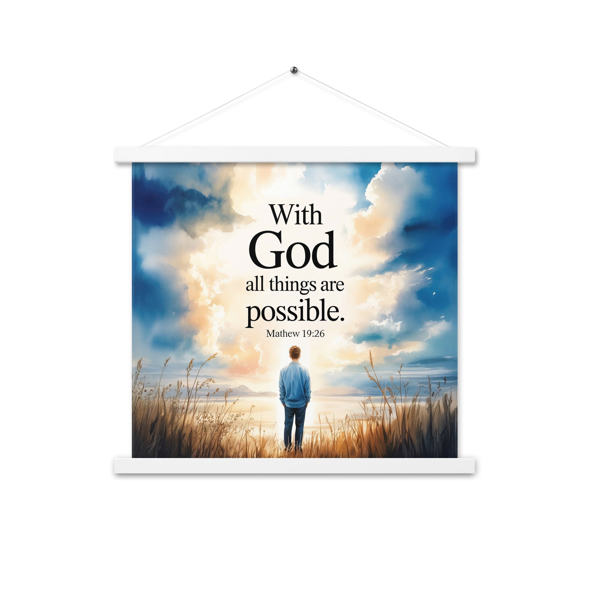 Matthew 19:26 Bible Verse Jesus Enhanced Matte Paper Poster With Hanger White 18″×18″